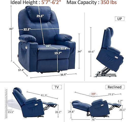 Miniatura 19 de MCombo Silla reclinable grande con doble motor para personas mayores, silla elevadora plana con calor y masaje, sillón reclinable grande para