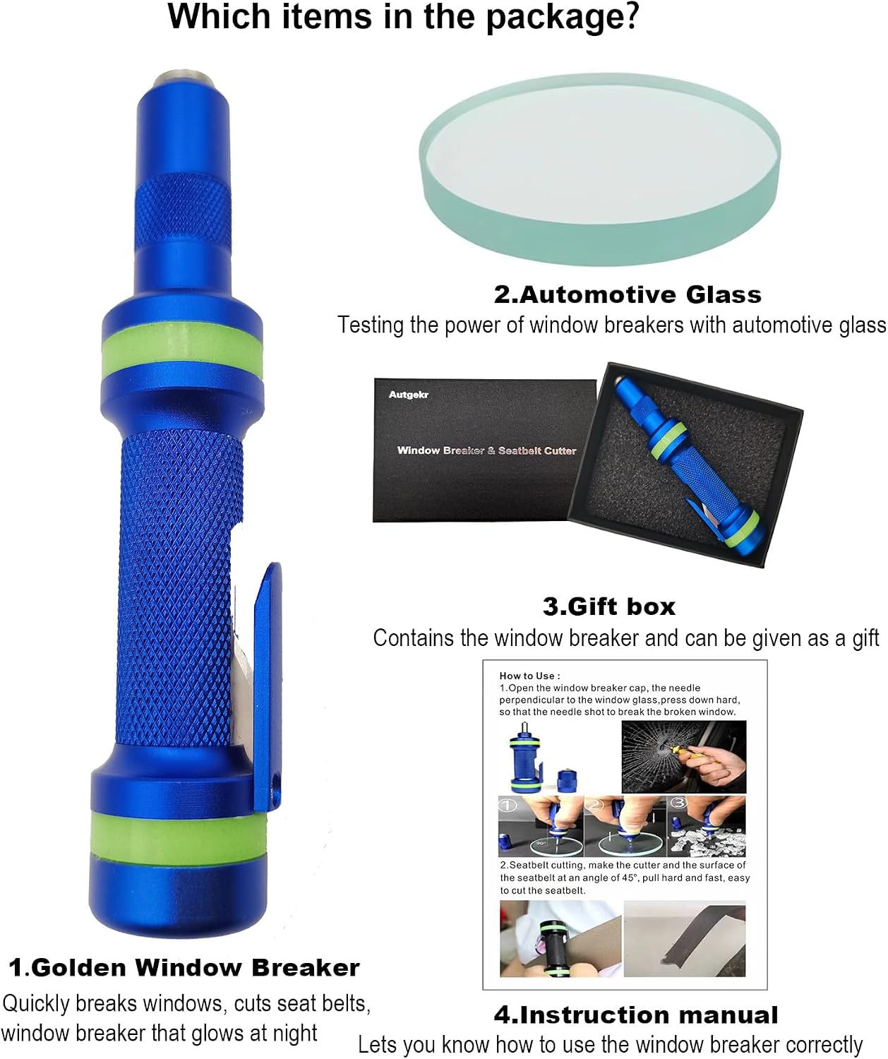 Window Breaker Seatbelt Cutter, Glass Breaker, Spring Loaded Window Breaker with Light Glow Ring, Emergency Car Escape Tool for Land and Underwater (Blue)