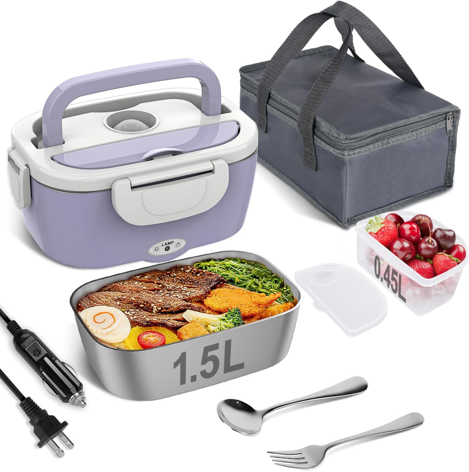 Vabaso Electric Lunch Box Food Heater, Electric Heating Lunch Boxes Lunch for Adults/Men/Car/Truck/Work, 80W 1.5L Removable 304 Stainless Steel Container, 110V/12V/24V, with Fork & Spoon