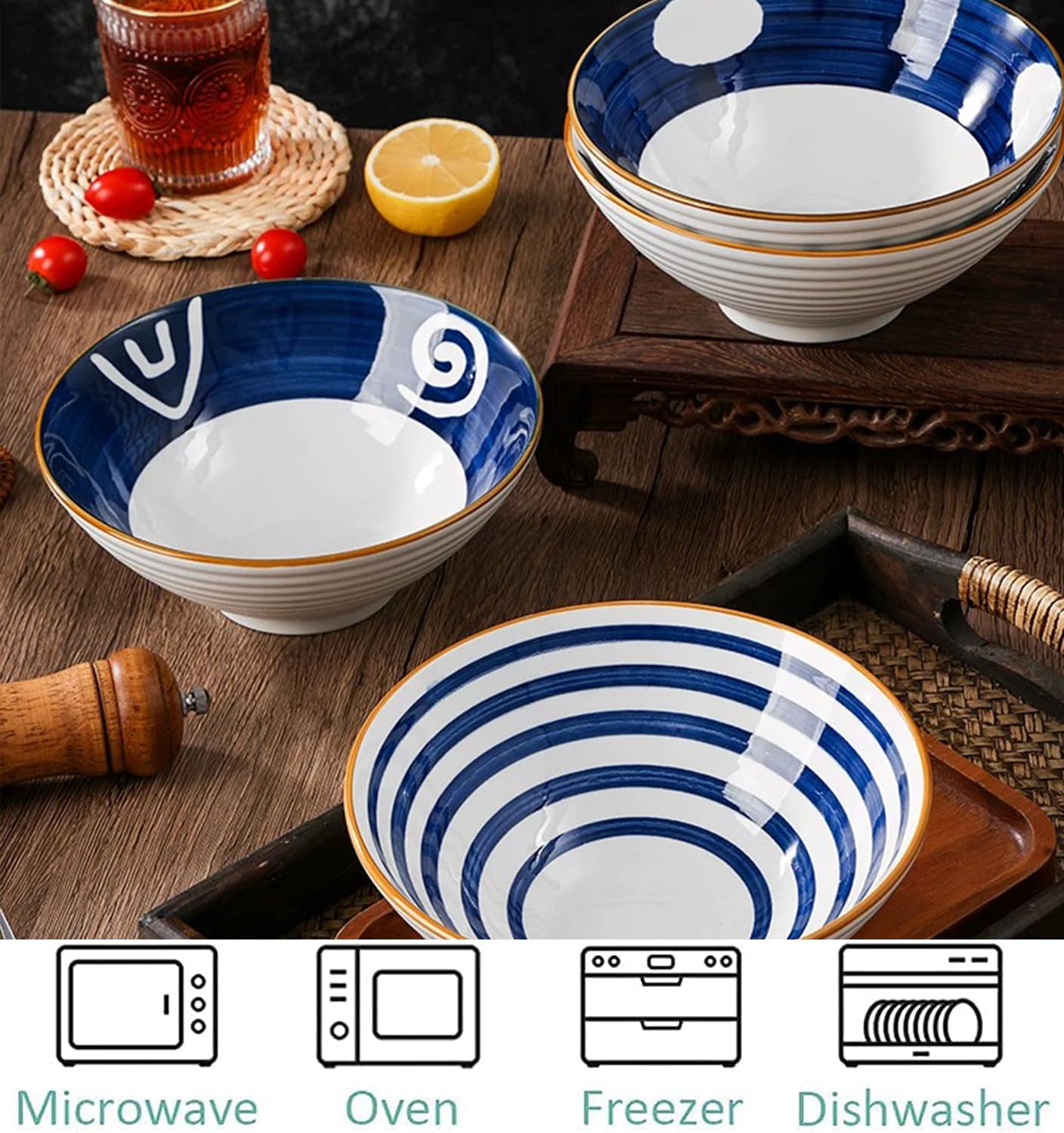 Ramen Bowl Set di ciotole giapponesi,1200 ml Ciotole Giapponesi per Ramen, 2 Set Giapponese Ramen Ciotola con Bacchette e cucchiai,Ciotola di Ceramica per Ramen, Insalata, Muesli