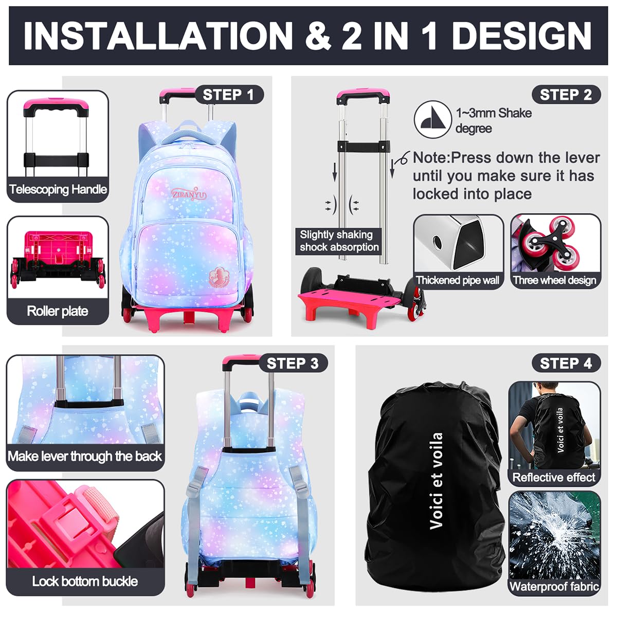 Mochila escolar con ruedas para niñas, con ruedas, 32 x 18 x 45 cm, Rucksack