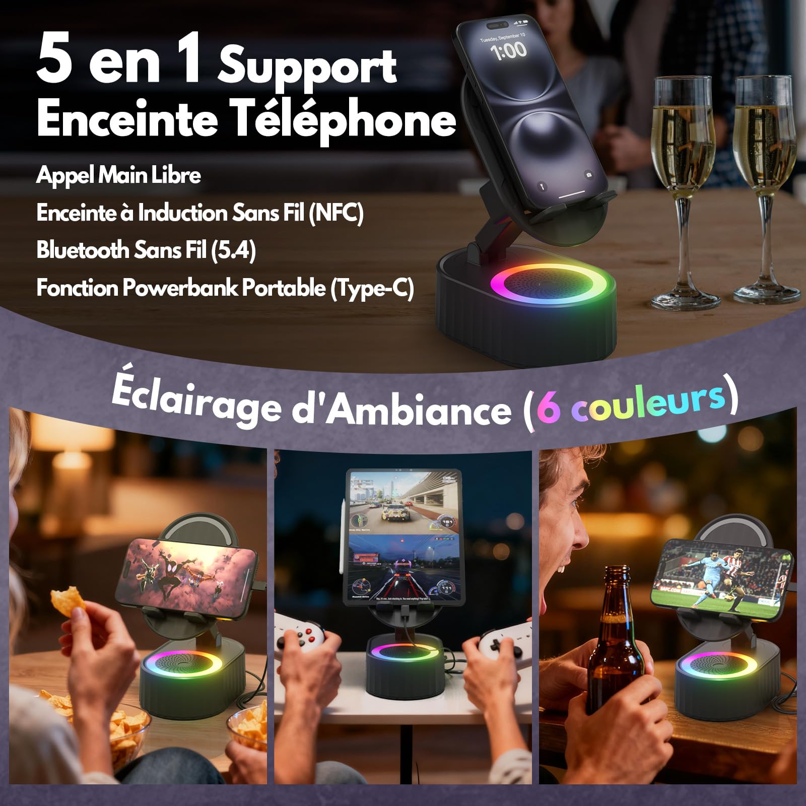Lenski Cadeau Homme Original Utile, Cadeau Anniversaire Homme Papa Gadgets pour Homm e, 5-en-1 Enceinte Bluetooth Support Telephone, Cadeaux de Noël Originaux, Idee Cadea u Homm e Noel
