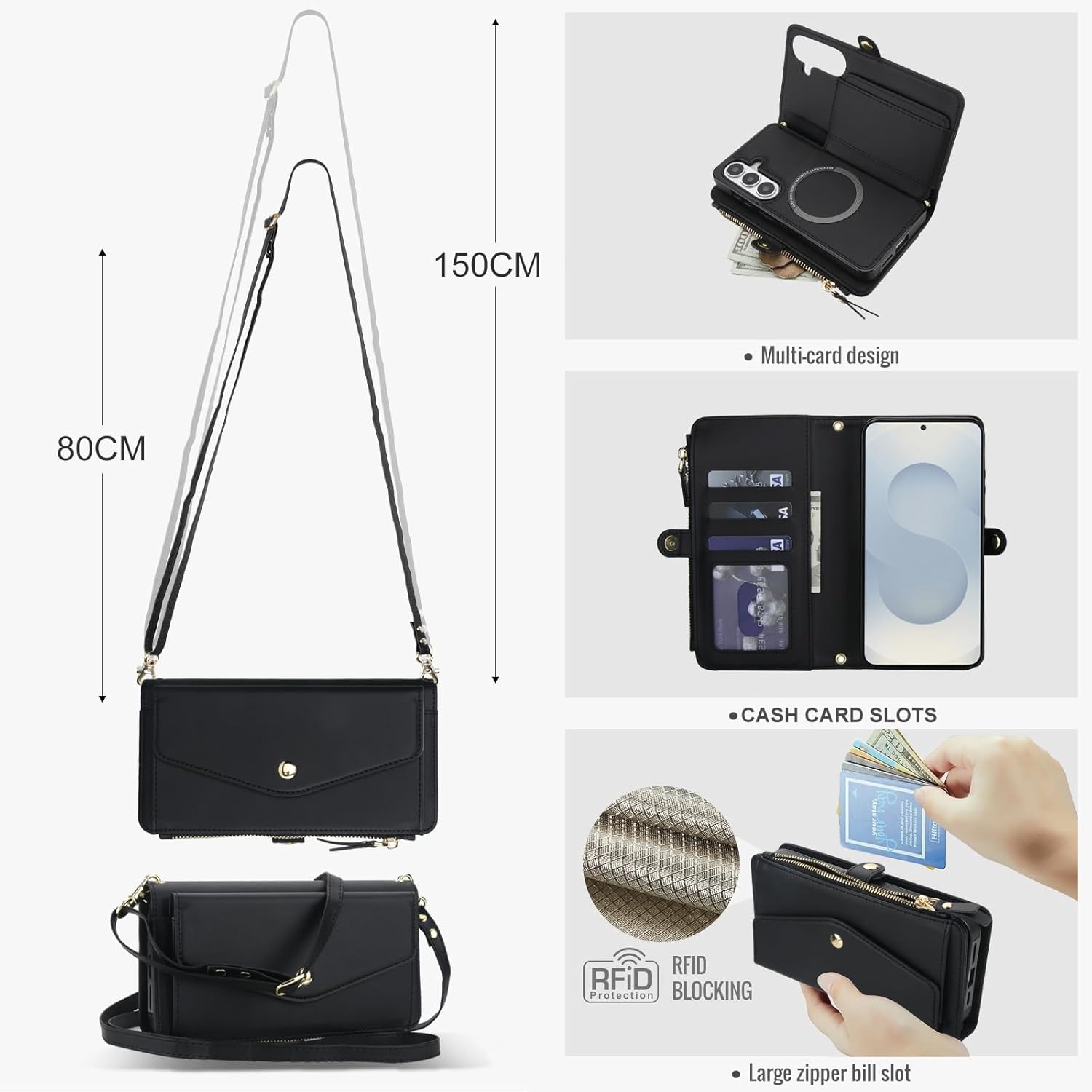 Phone Case for Samsung Galaxy S26 Plus S26+ 5G Wallet Cover Compatible with Magsafe RFID Screen Protector Crossbody Lanyard Strap Flip Card Holder Slot Zipper S 26 + 26+ S26Plus SM-S947U Black