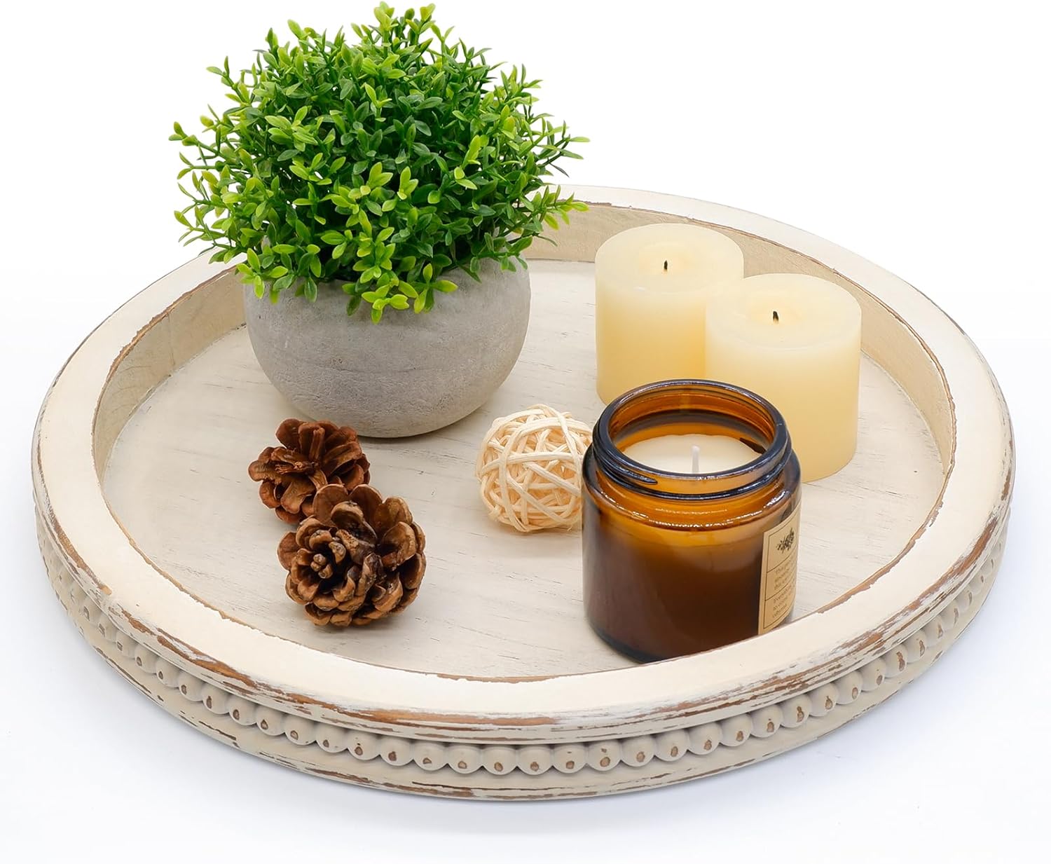 12.2” Round Wood Decorative Tray, TOOLTENG White Beaded Tray, Wooden Serving Tray, Farmhouse Wooden Decorative Tray for Coffee Table, Living Room, Kitchen Counter, Home Decor