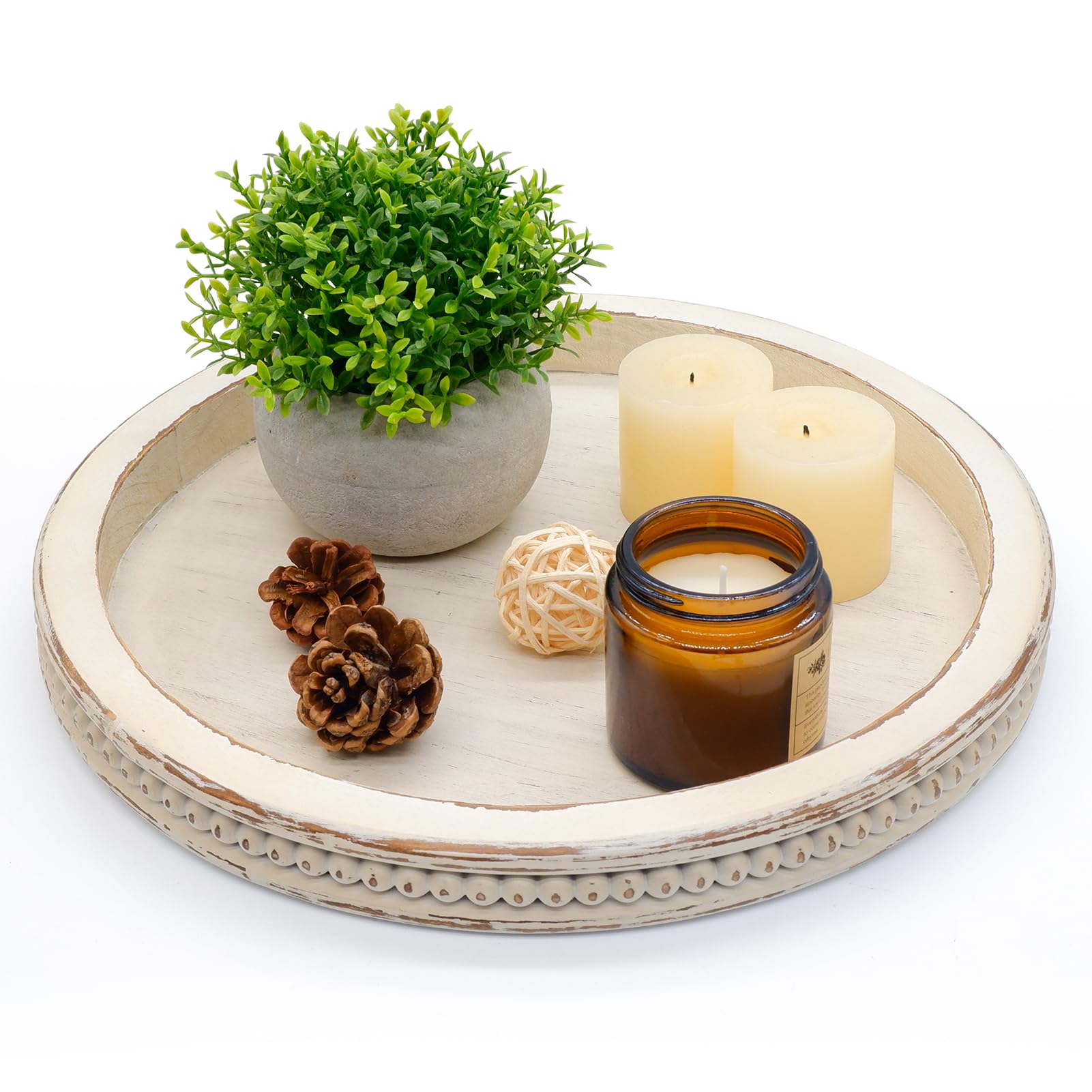 12.2'' Round Wood Decorative Tray, TOOLTENG White Beaded Tray, Wooden Serving Tray, Farmhouse Wooden Decorative Tray for Coffee Table, Living Room, Kitchen Counter, Home Decor