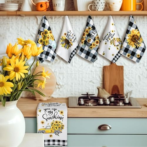 Miniatura 2 de SATINIOR Juego de 12 toallas de cocina de girasol, gnomo, juego de toallas de mano a cuadros de búfalo, decoración de cocina, reutilizable,