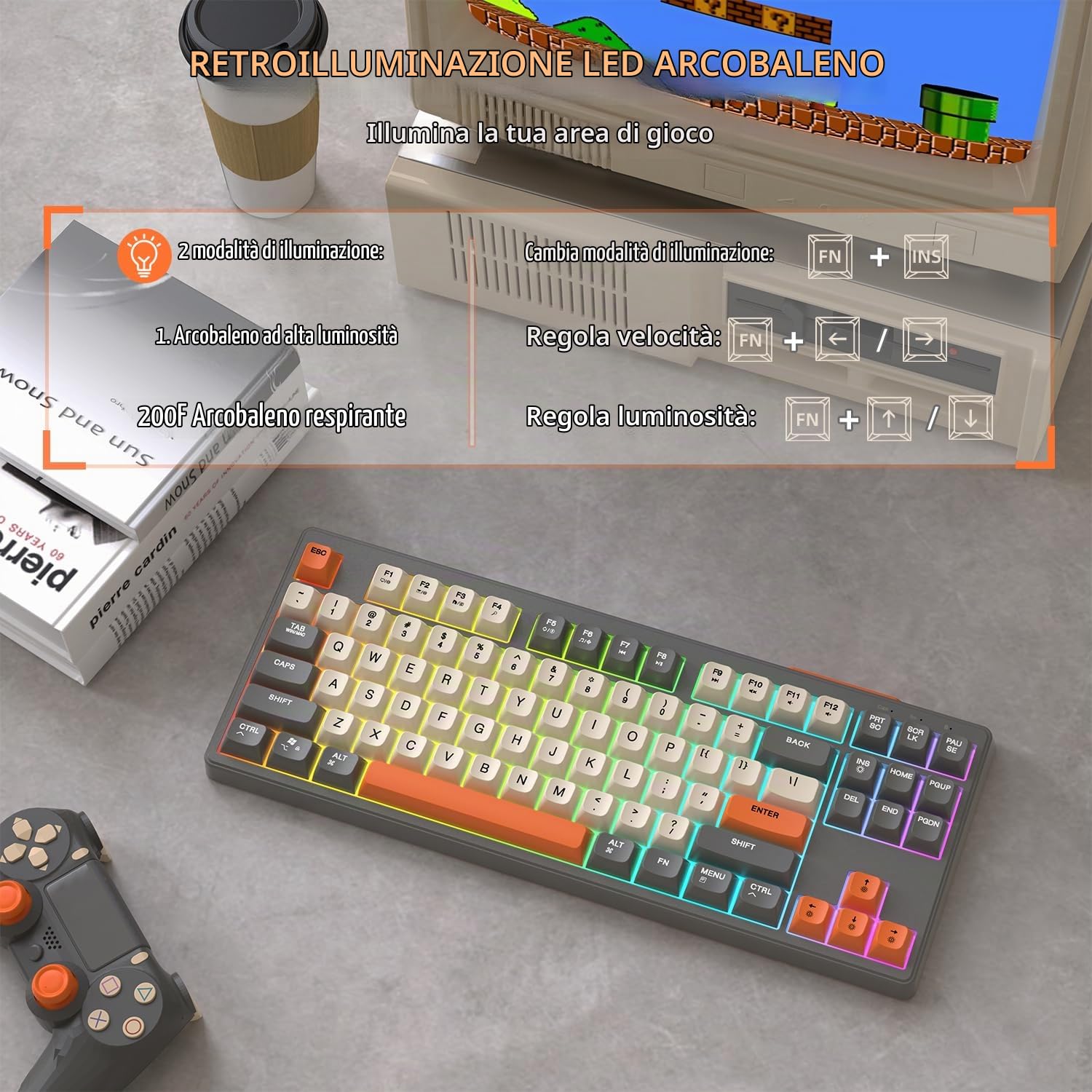 MAMBASNAKE TKL- Tastiera da gioco wireless, Bluetooth/2,4 GHz, copritasto PBT, batteria ricaricabile da 4000 mAh, tastiera retroilluminata arcobaleno a colori misti con sensazione meccanica-Glimmer