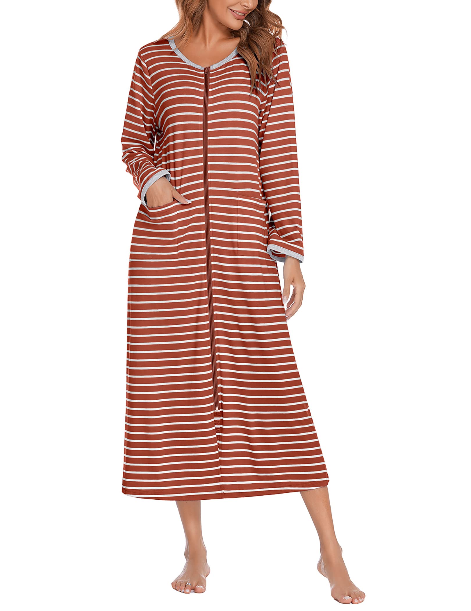 Ekouaer Women Long House Coat Zipper Front Robes Full Length Nightgowns  with Pockets Striped Loungewear S-4XL