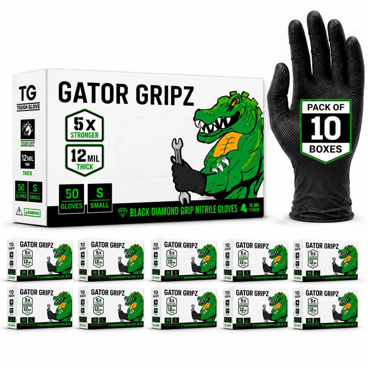 TG TOUGH GLOVE Gator Gripz (S) Black Nitrile Gloves Diamond Grip, 10 Pack