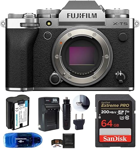 Fujifilm X-T5 - Paquete de cuerpo de cámara digital sin espejo incluye tarjeta de memoria SanDisk Extreme PRO SDXC de 64 GB batería de repuesto más