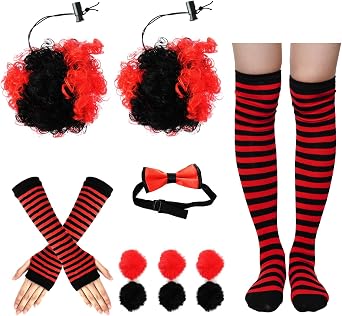 11pcs Halloween Clown Costume Accessories Set Women Girl Clown Costume with Black Red Wigs Bow Tie Sock Glove and Pom Poms