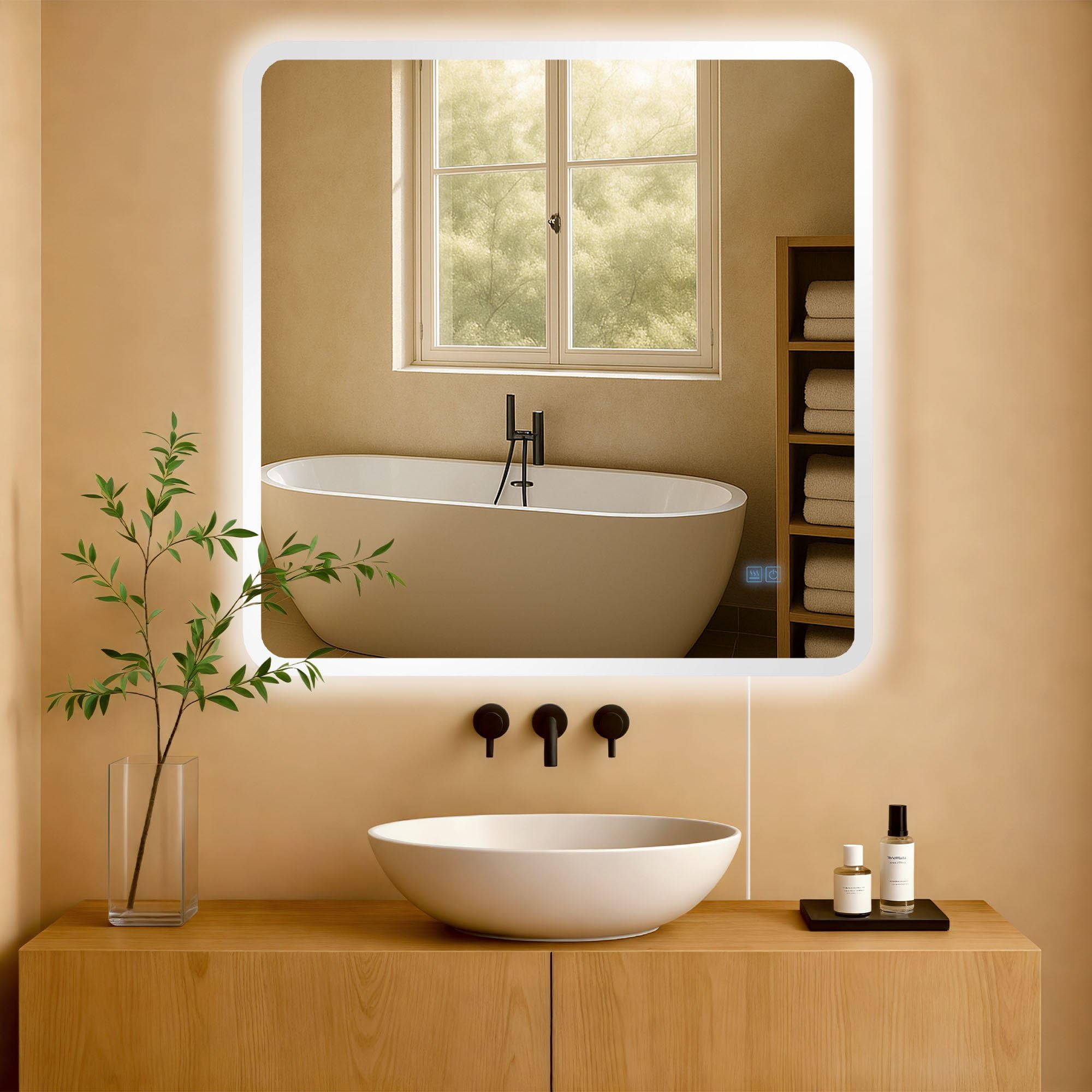 CLP Specchio da bagno Jericho con illuminazione, specchio da bagno antiappannamento, specchio da parete con luce LED, dimmerabile, Dimensione:80x80 cm