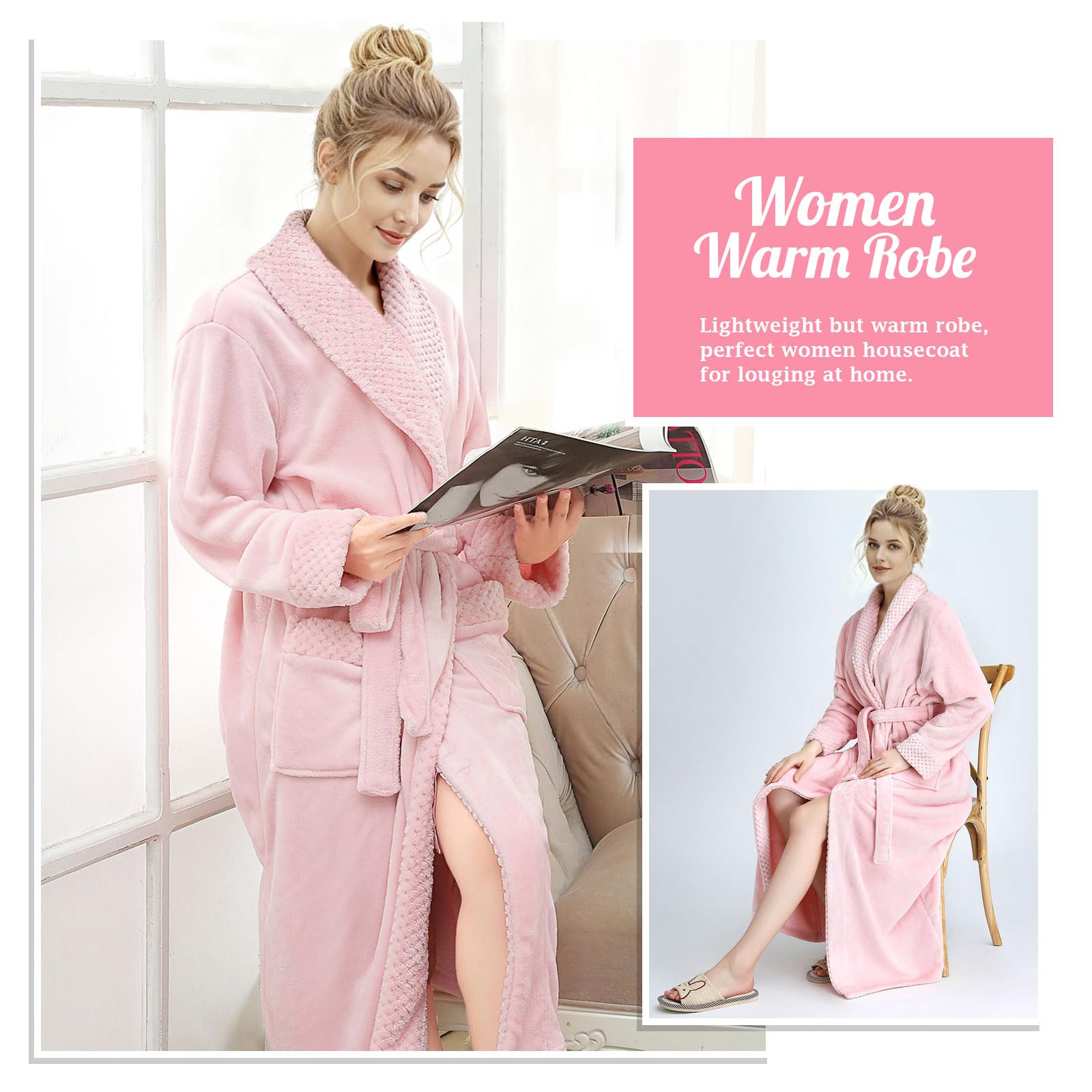 Hellomamma Bademantel Damen Lang Flauschig: Warm Plüsch Morgenmantel aus Mikrofaser Fleece für Frauen für Herbst & Winter