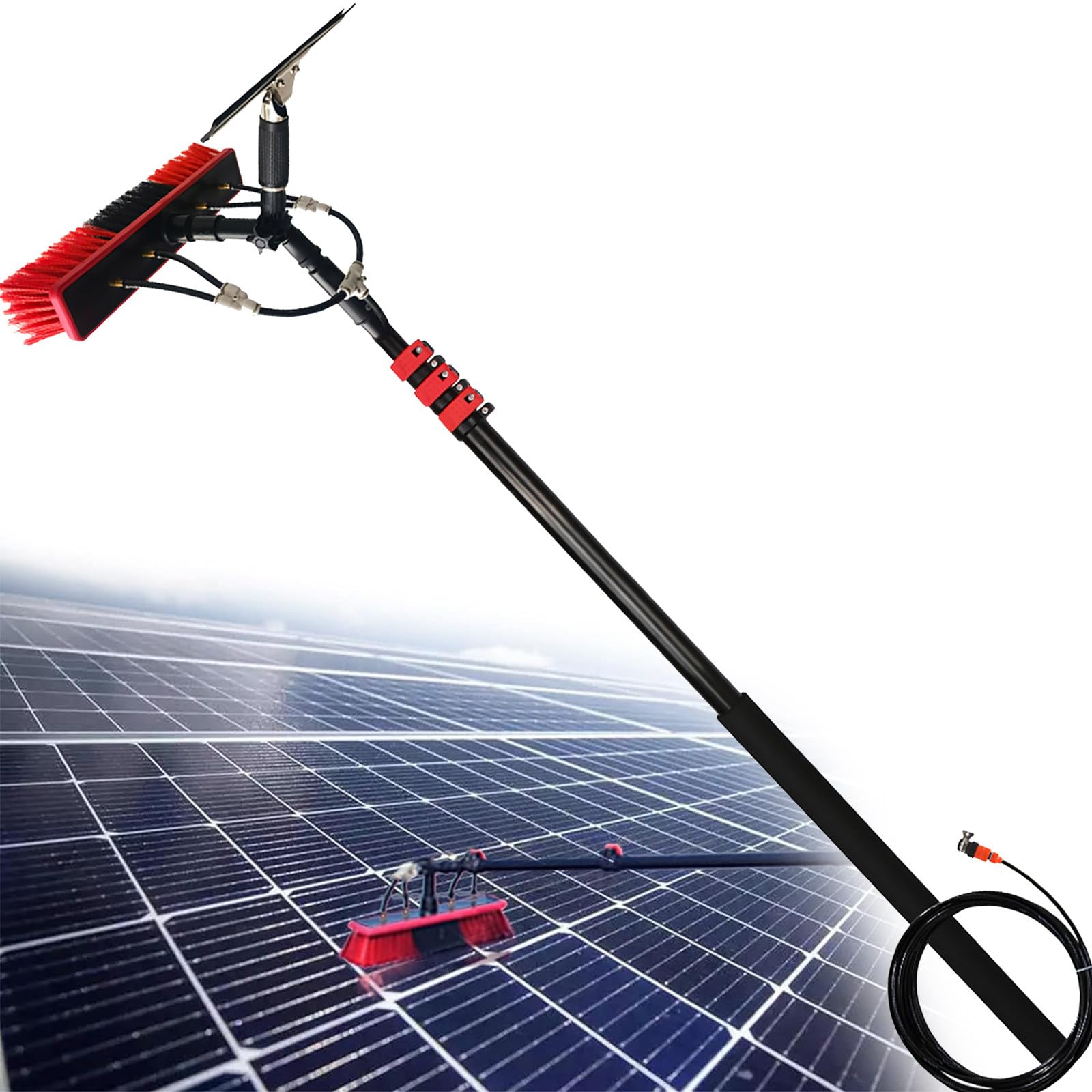 Barra de limpieza de ventanas con cepillo y raspador, barra telescópica de extensión de 12 a 36 pies para limpieza de paneles solares y ventanas