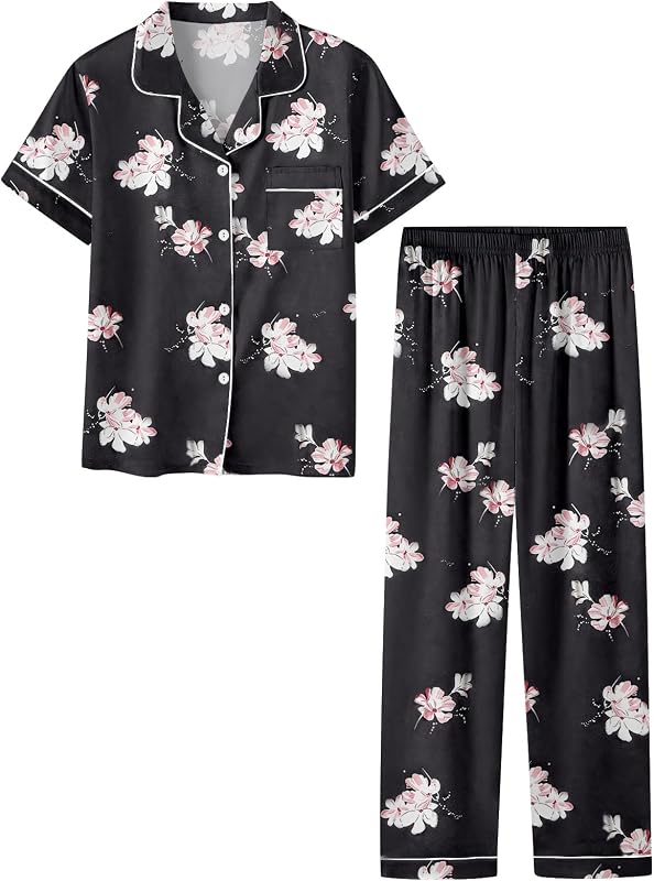 Umeyda Girls Womens Pajamas Set, Satin Silky Button Down Loungewear 2 Piece Short Sleeve Pants PJS Sets for Mommy Kids