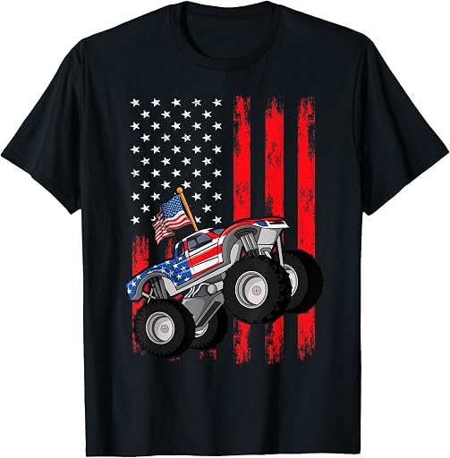 Toddler Monster Truck Shirts & Gifts For Kids Kid Monster Truck Shirt, Toddler Boys American Flag July 4th T-Shirt