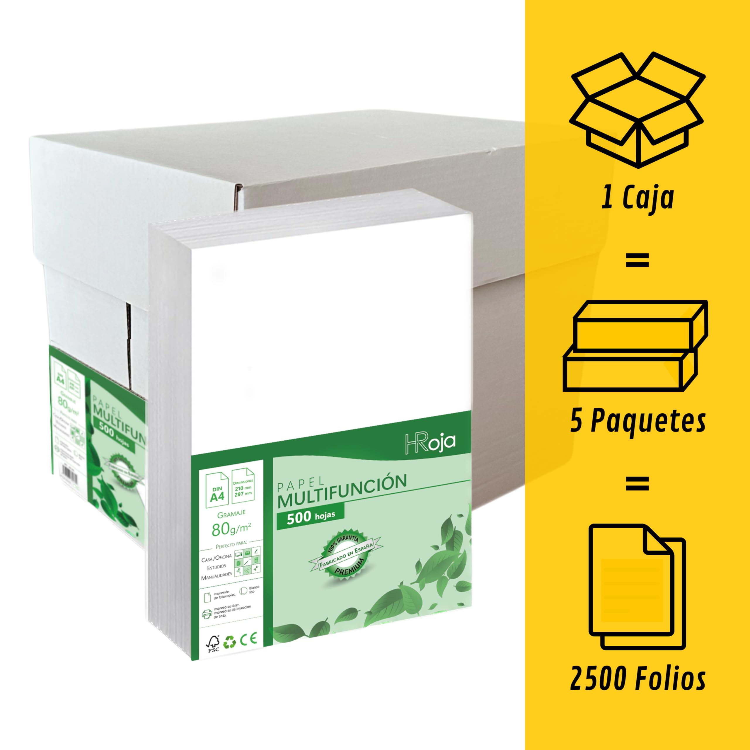 Papel A4 Blanco 80 gr - 2500 Hojas en Paquetes de 500 Folios Multifunción para Impresoras y Fotocpiadoras - Fabricado en España Ideal para Uso Diario y Profesional en Oficina, Hogar y Escuela