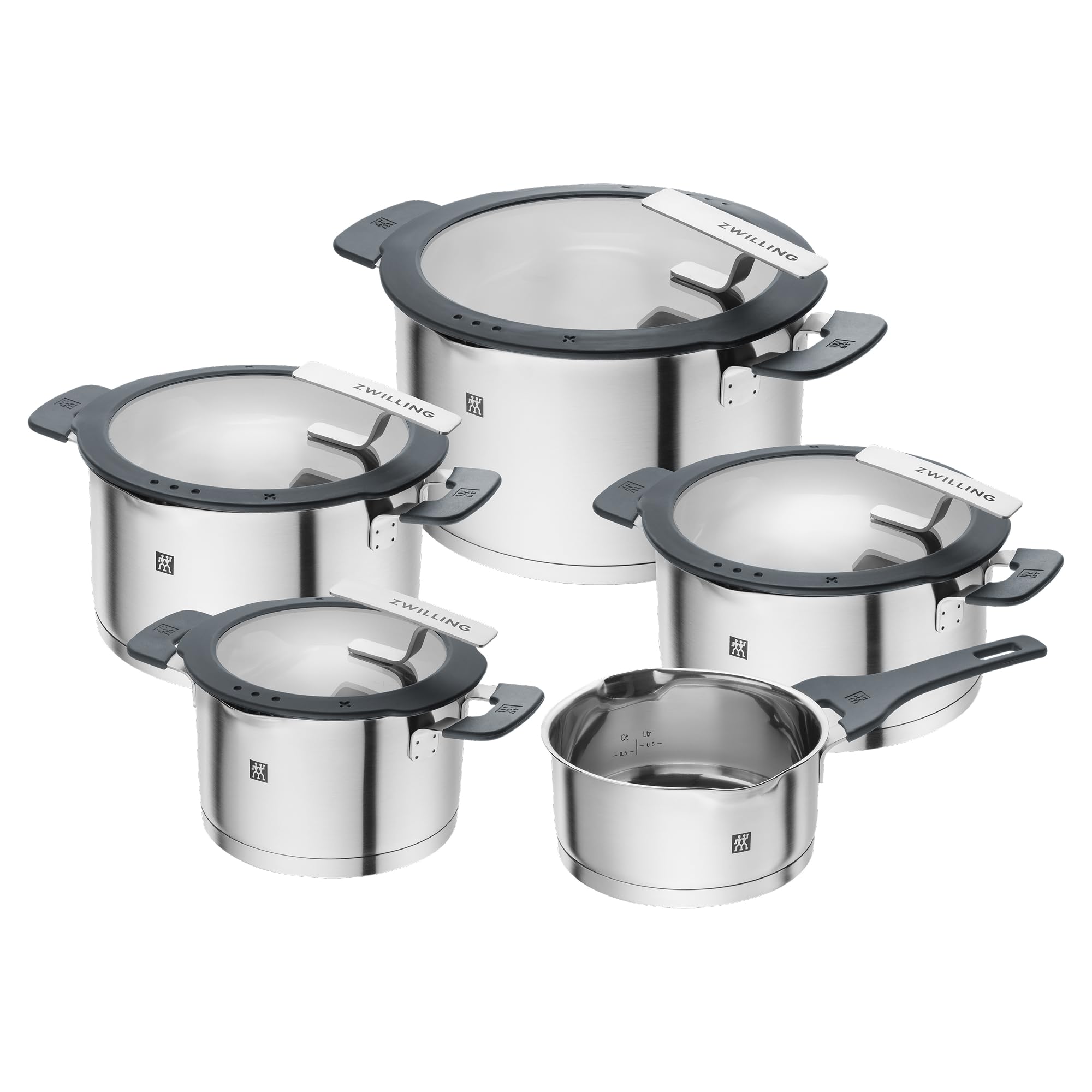 ZWILLING Simplify Kochtopf-Set 5-teilig, Integriertes Sieb, Induktion, Grau | Ausgießfunktion, Stay-Cool-Griffe, Edelstahl