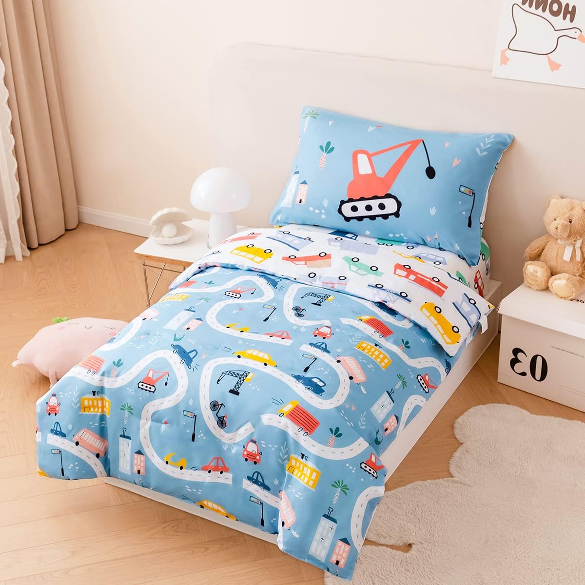 PERFEMET 4Piece Toddler Bedding Set Driving Cars on Road Printed Bed in A Bag