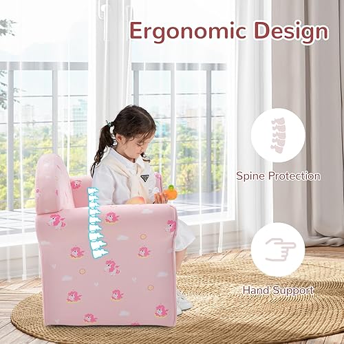 Miniatura 6 de INFANS Sofá para niños, sillón para niños pequeños con diseño de dibujos animados de construcción de madera resistente, sillón tapizado para niños,