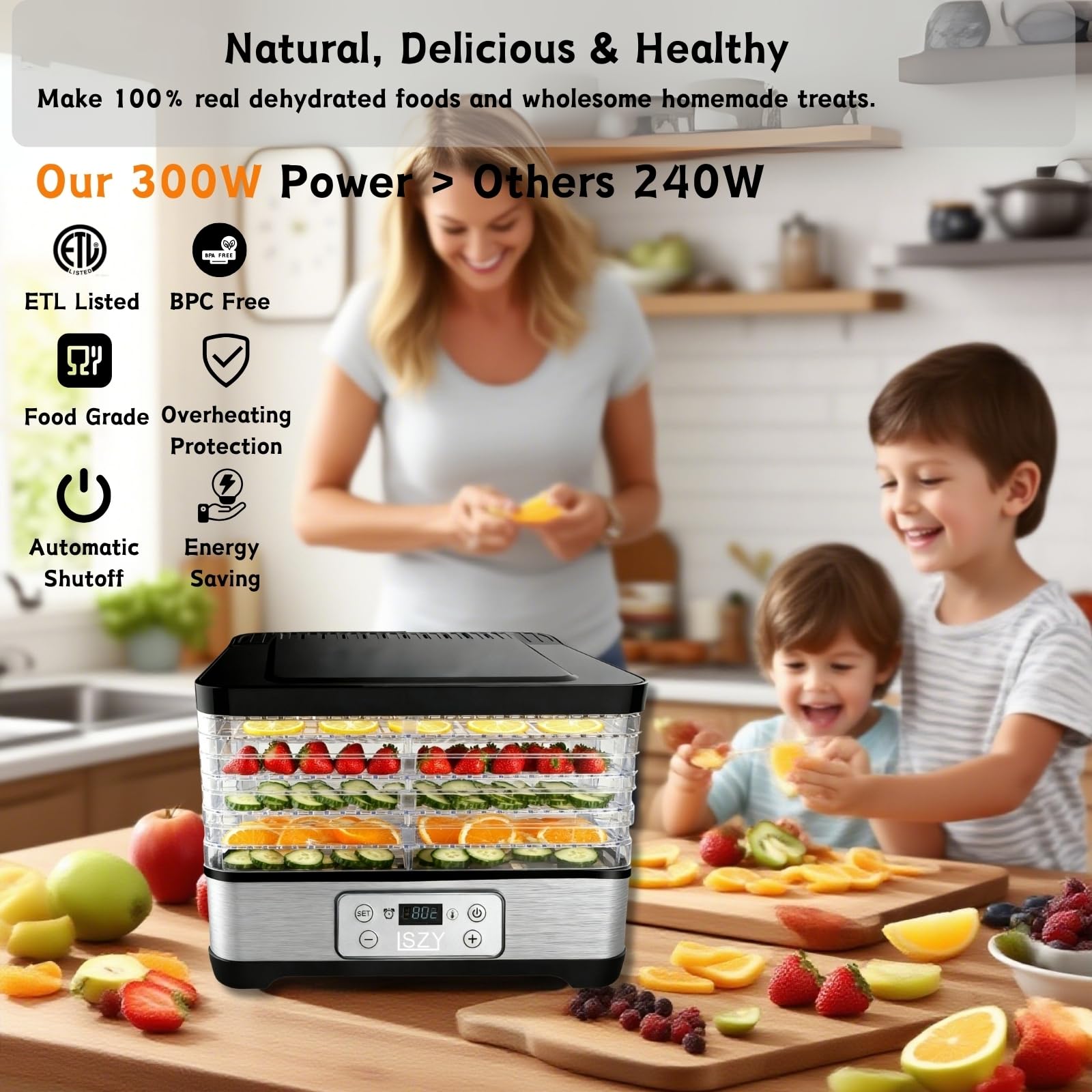 Máquina deshidratadora de alimentos para alimentos y ceces, 300 W 165 °F Control de temperatura y temporizador de 24 horas con 5 bandejas sin BPA Secadora de frutas para corazones, frutas, golosinas