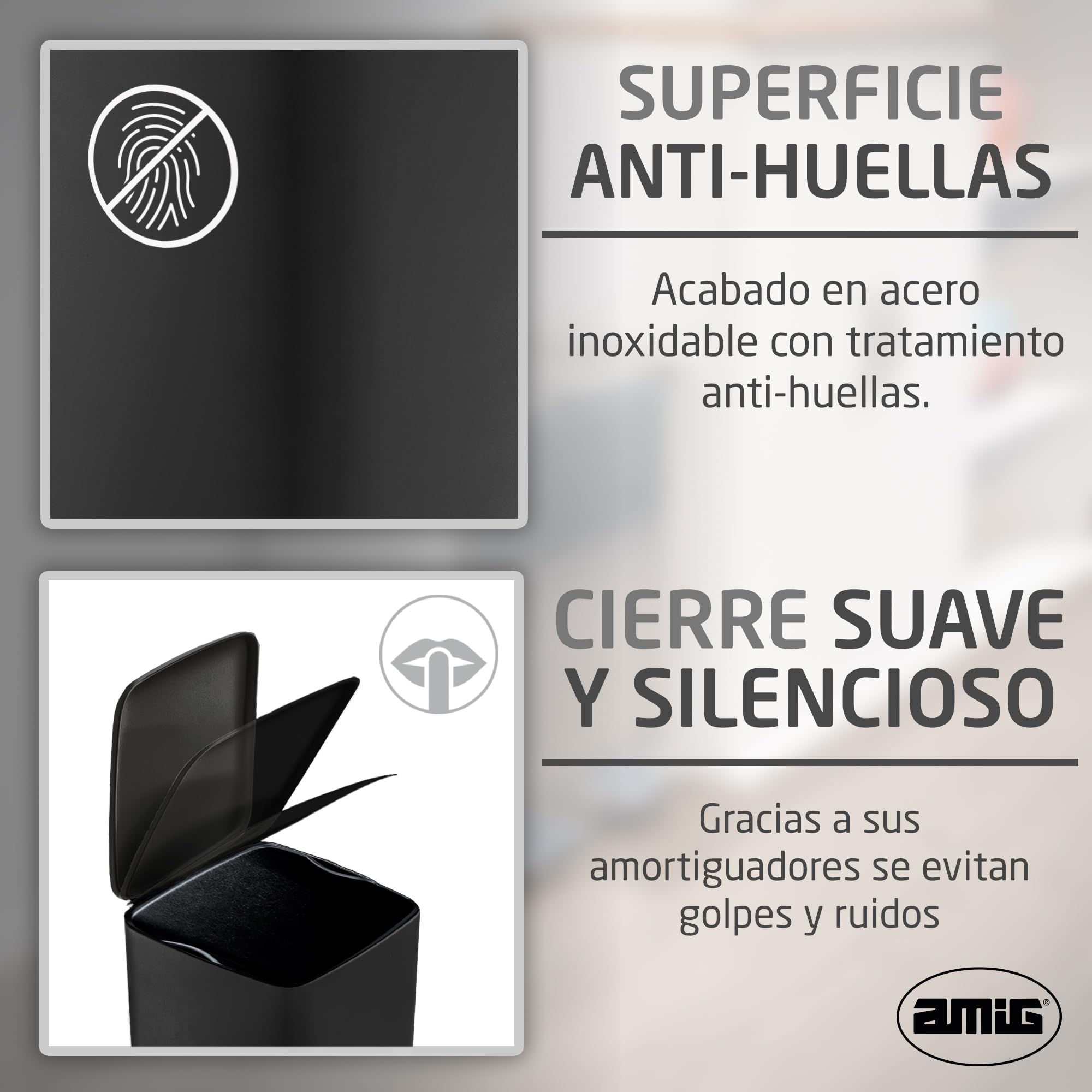 Amig - Cubo de Basura con Pedal 30 Litros Mod. Artvin - Color Negro - Apertura higiénica sin manos - 27 x 36 x 65 cm - Acero inoxidable lacado - Papelera para cocina con Tapa Hermética