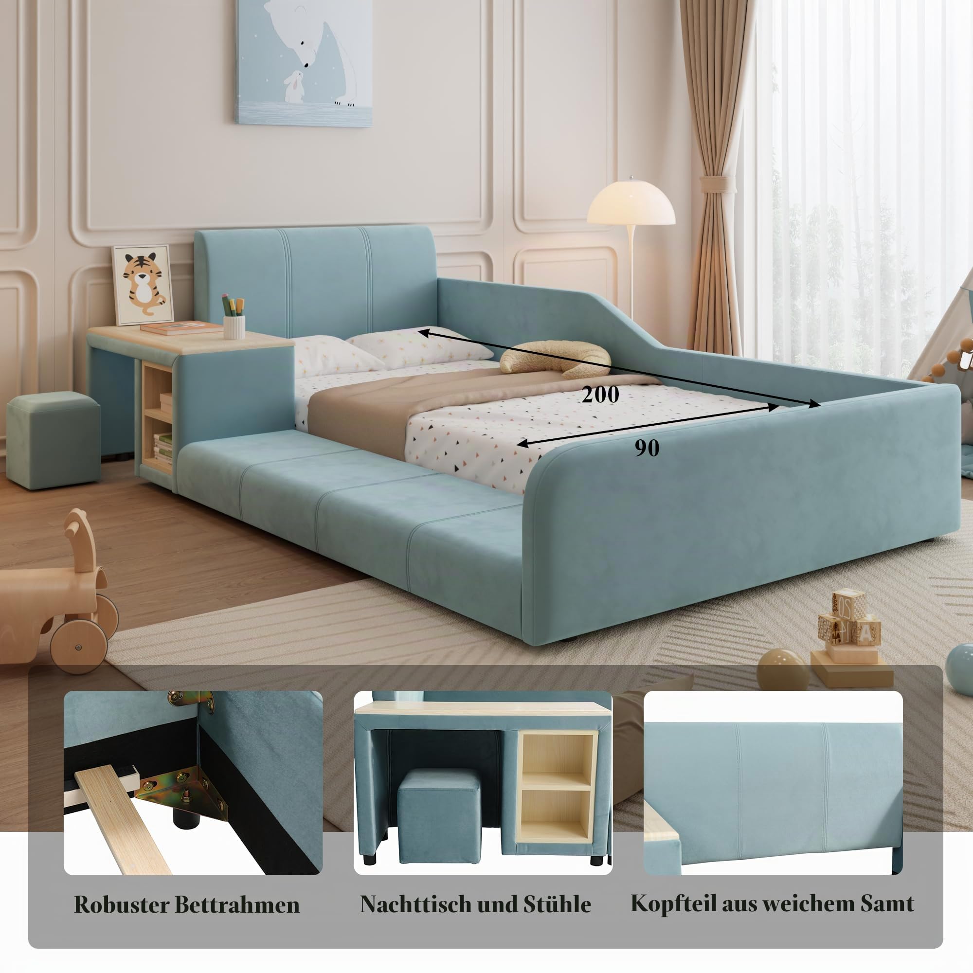 Dolamaní Polsterbett 90x200 cm Kinder mit Schreibtisch und Hocker, Einzelbett Mit Ablageboden und Polster Kopfteil, Bett mit Holz Lattenrost, Kinderhochbett Samt ohne Matratze (Blau)