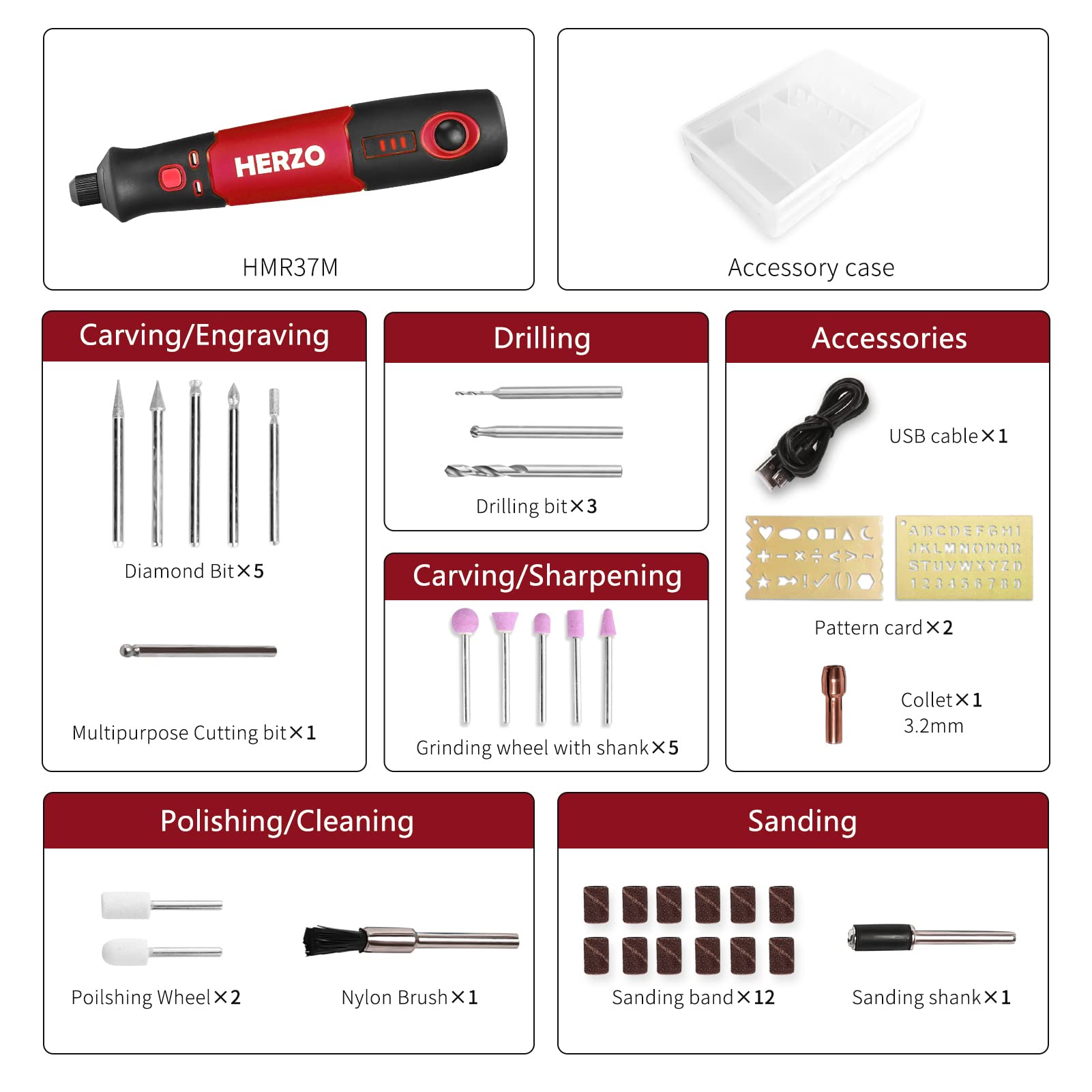 HERZO Strumento Multifunzione Senza Fili, mini trapano elettrico rotativo USB Ricaricabile 32 Accessori 3 Velocità Variabile 5000-15000RPM