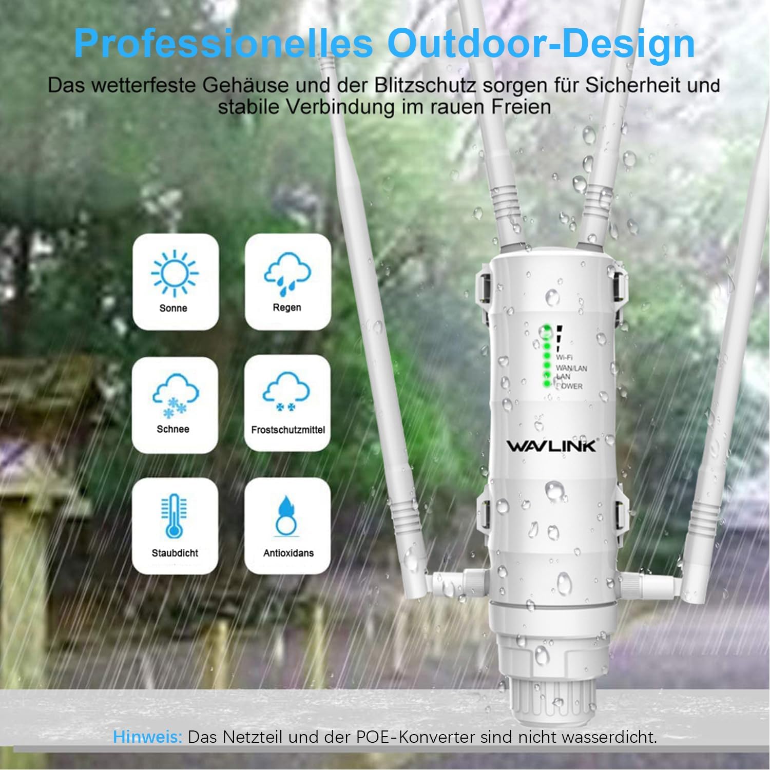 WAVLINK AC1200 Outdoor WiFi Extender showing weatherproof features