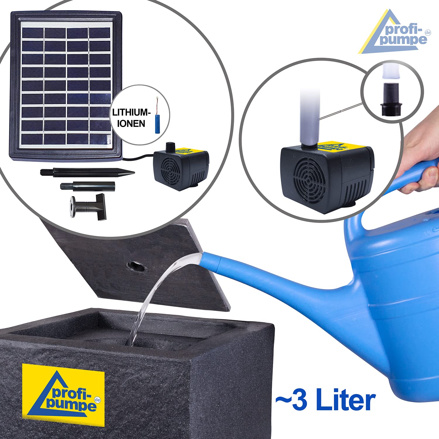 Solar Gartenbrunnen mit Pumpen-instant-Start-Funktion, Liion-Akku & Led-Licht für Terrasse, Balkon