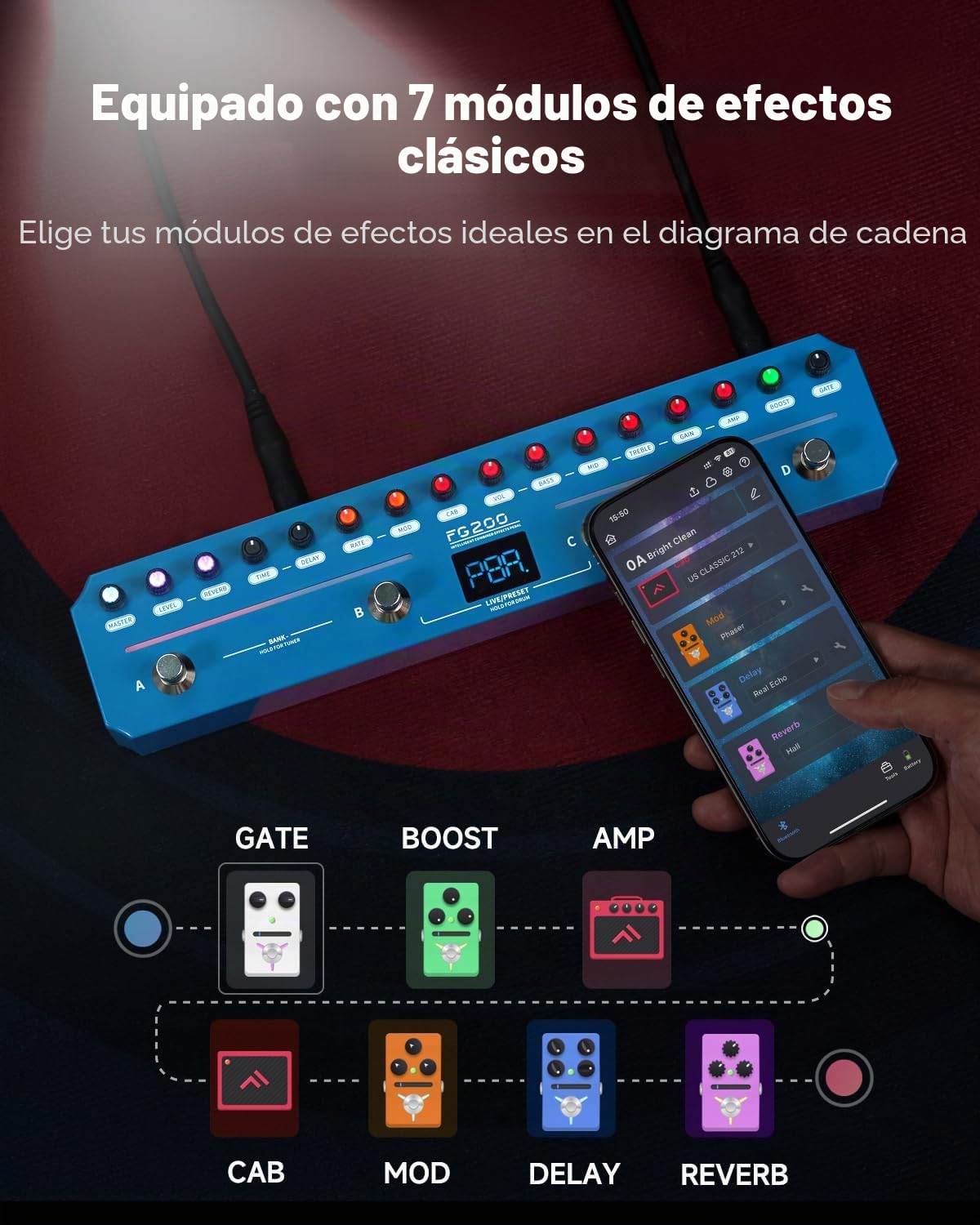 FLAMMA FG200 Pedal de guitarra inteligente multiefectos con 52 modelos, 5 BOOST, 16 CAB, 7 efectos, 9 IR, 40 preajustes y 40 ritmos