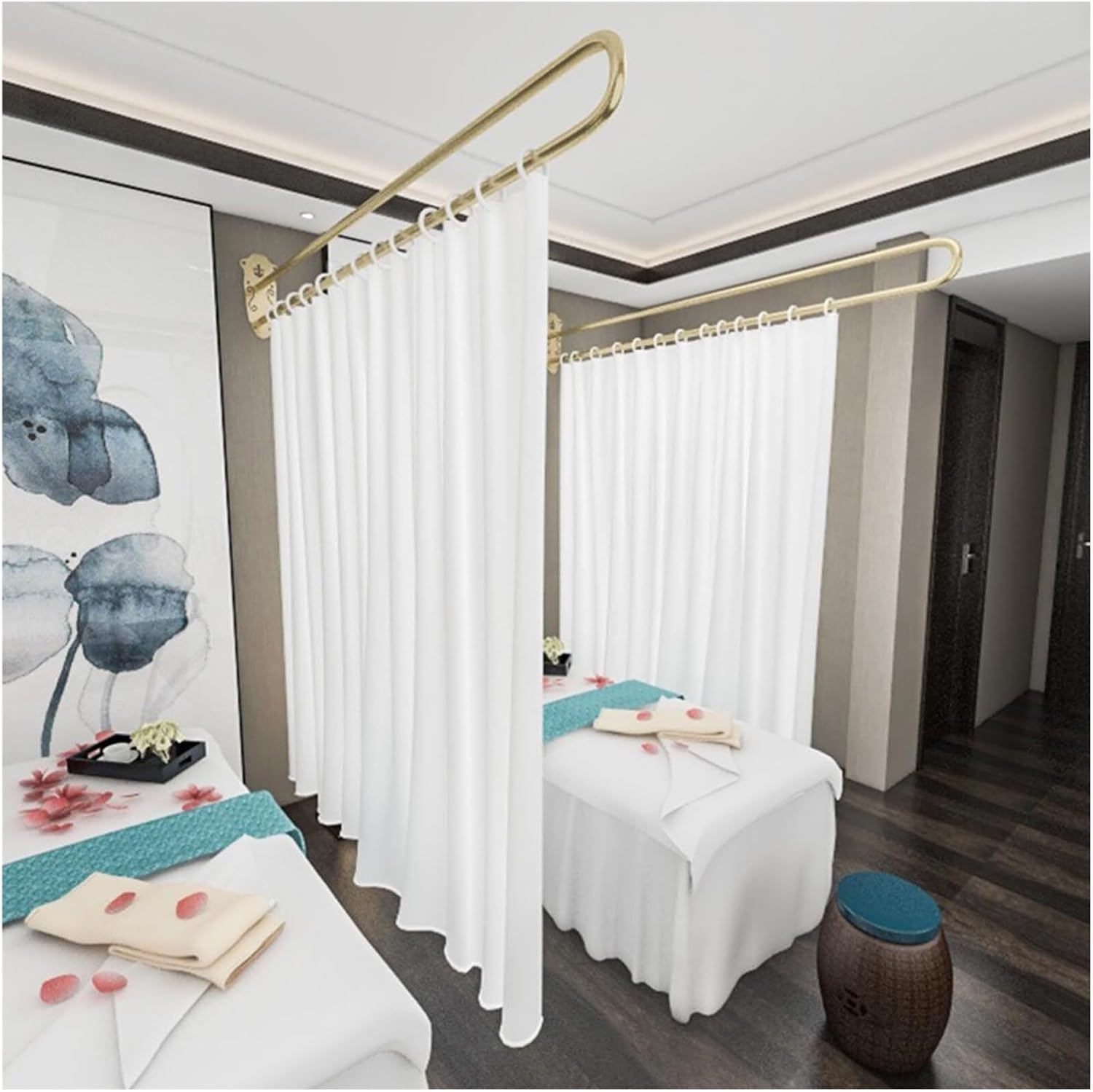 Wall Privacy Partition Curtains Rod U-Shape Room Divider, Wall Mounted Curtains U-Shaped Long Support Rod,Fitting Room Beauty Salon Clinics Area Separator Screen Metal Support Track(Gold,230cm*22cm)