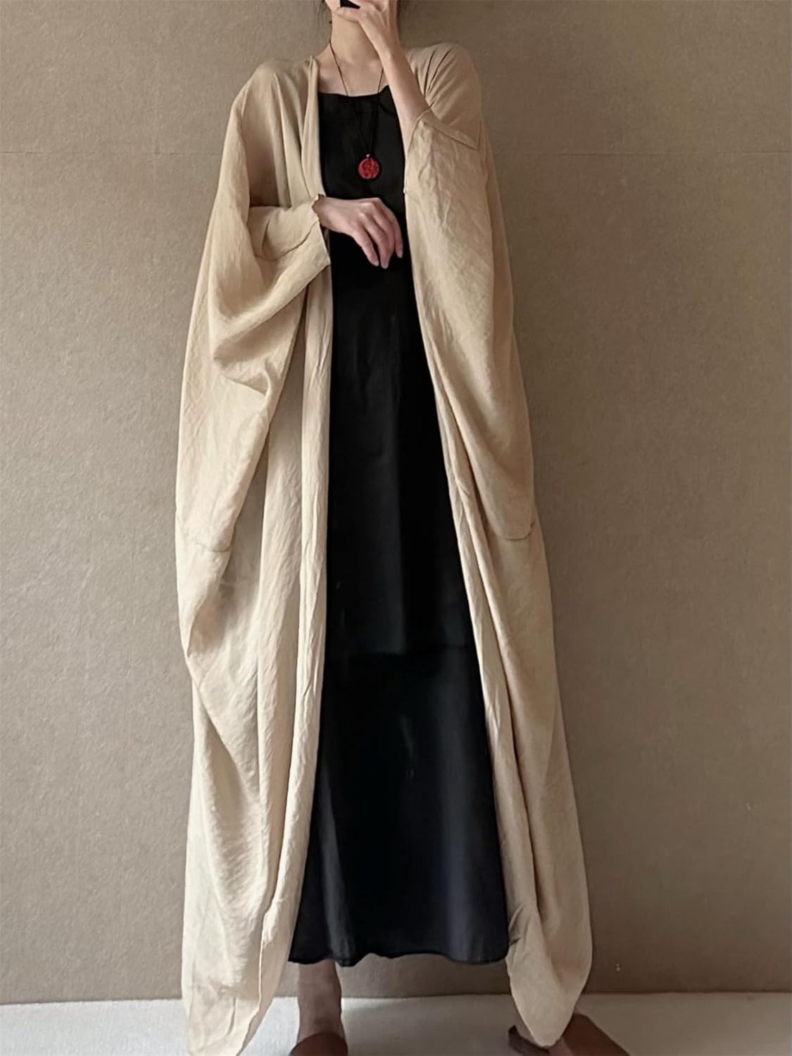 PRINCESS BRIDE Literary Painter Cotton Linen Women Lightweight Open-Front Long Cardigans Flowy Loose Outerwear Drapey Trench Coats, One Size, Beige - Image 5