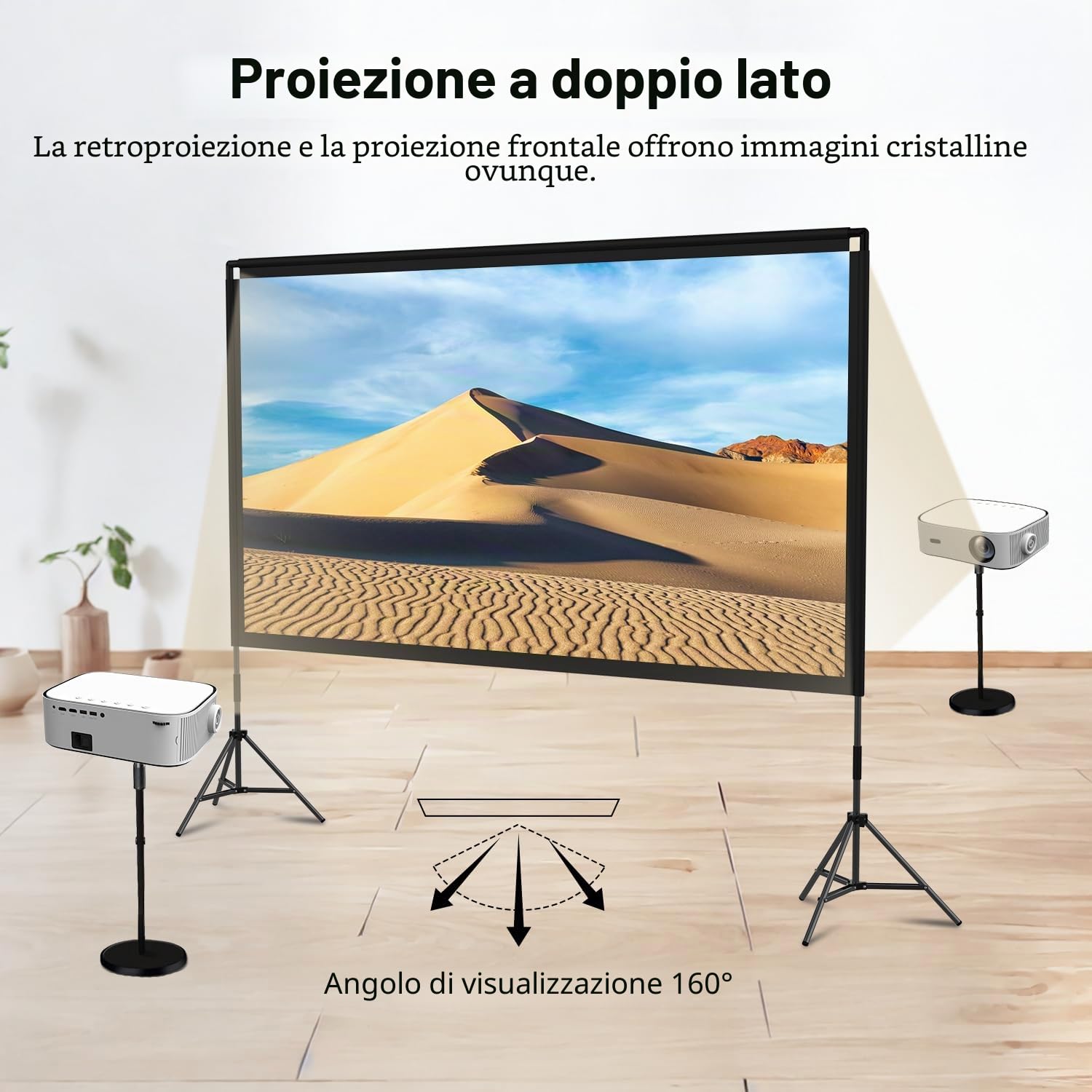 Schermo per proiettore con supporto, wootfairy 120 pollici, portatile e pieghevole, per interni ed esterni, 16:9, 4K, HD, schermo per film anteriore e posteriore, senza pieghe, con borsa per il