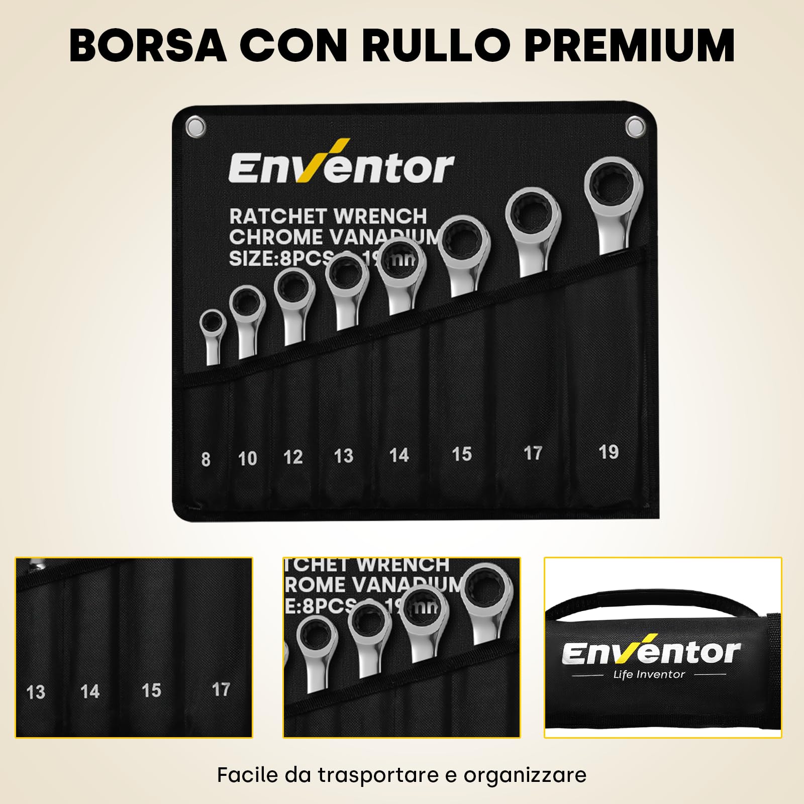 Enventor Set Chiavi a Cricchetto 8 Pezzi, Chiave a Cricchetto da Metrico 8mm a 19mm, Acciaio al Cromo Vanadio, 72 Denti, Testa Fissa, Arco di Rotazione a 5°, Set Chiavi Inglesi con Borsa