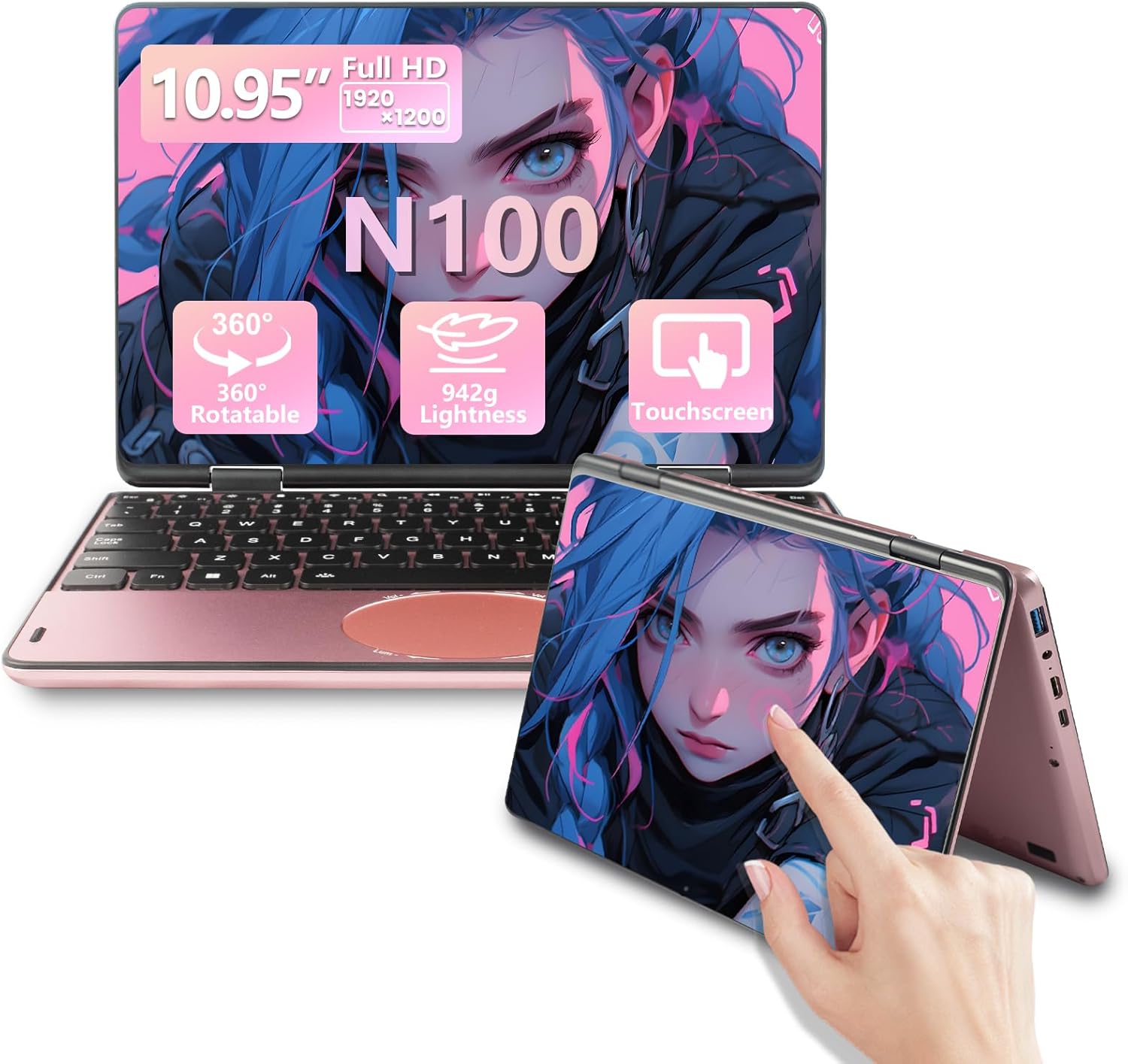 11 inch Laptop, 2 in 1 Laptops with 360° Touchscreen, Celeron N100 (Up to 3.4GHz), 16GB DDR4, 1920x1200 IPS, Backlit Keyboard, Side Power Button, Oval Touchpad,(Rose Gold, 16+256).