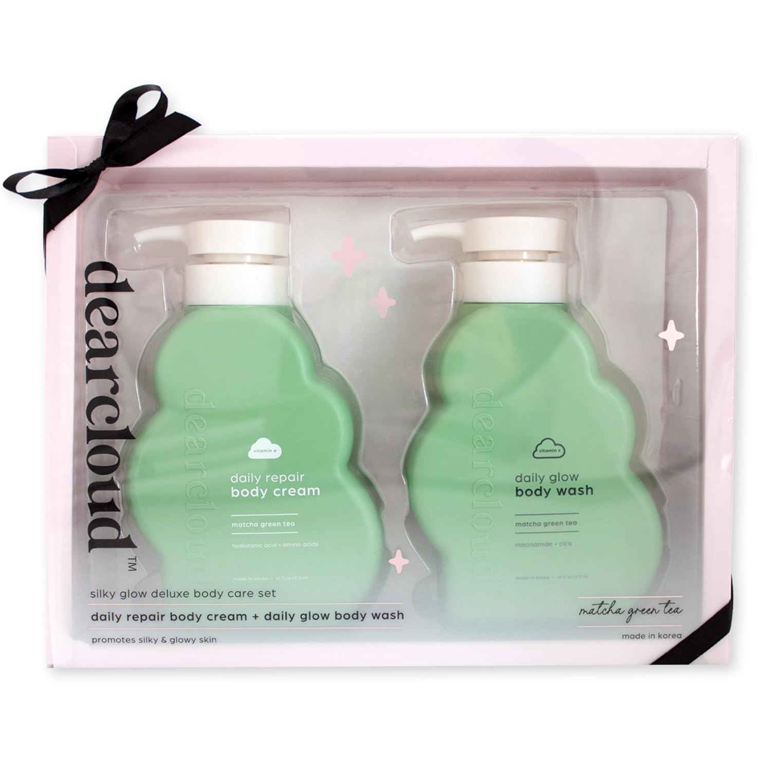 dearcloud Silky Glow Deluxe Body Care Set - Body Lotion + Body Wash - Hyaluronic Acid, Amino Acids, Niacinamide & Vitamin C Self Care Gift Set (Matcha Green Tea)