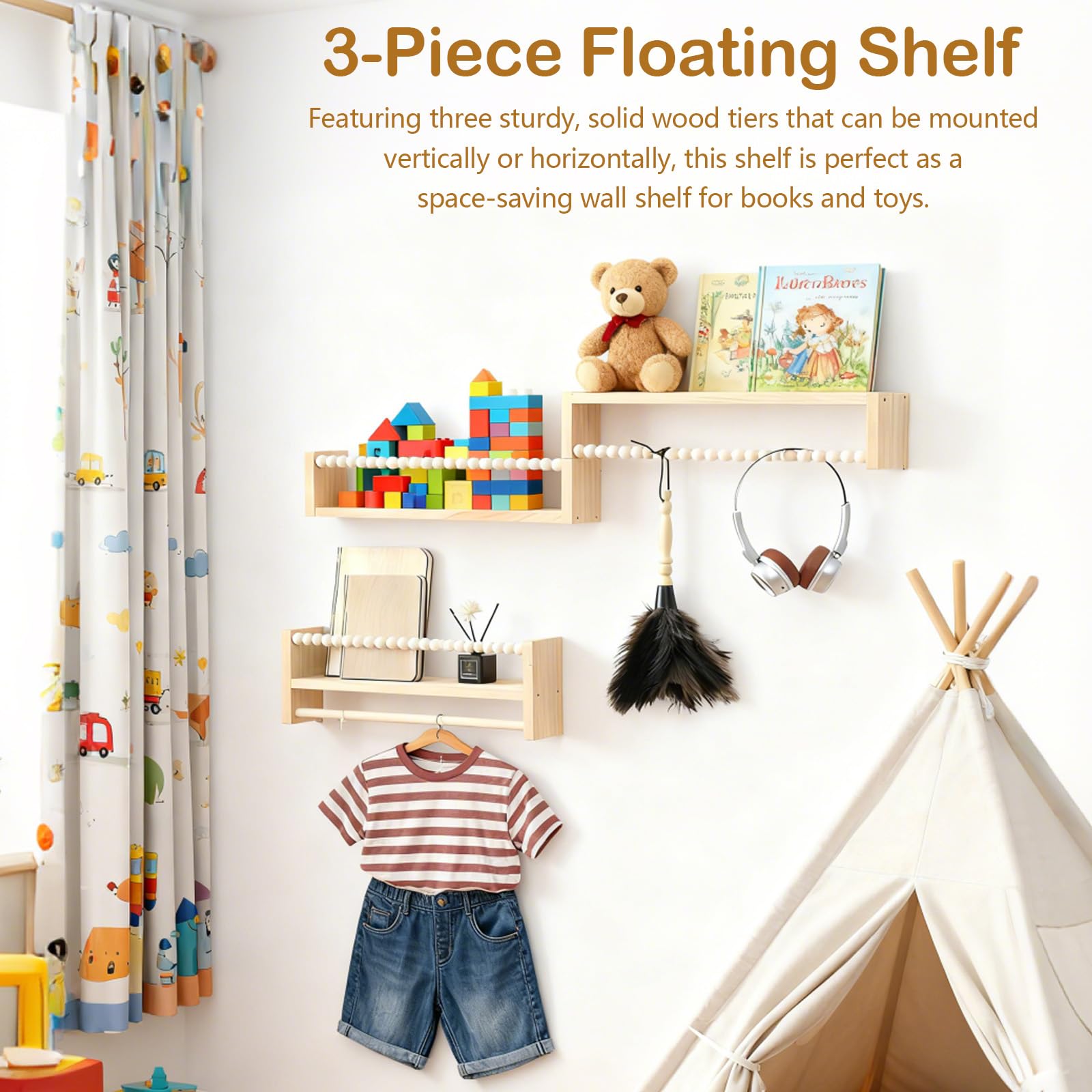 LibreríA Infantil, EstanteríA De Pared De 3 Piezas para HabitacióN Infantil con Cuentas De Madera EstanteríA Flotante para Libros Marcos De Fotos Y Adornos para Cocina Dormitorio SalóN Y BañO