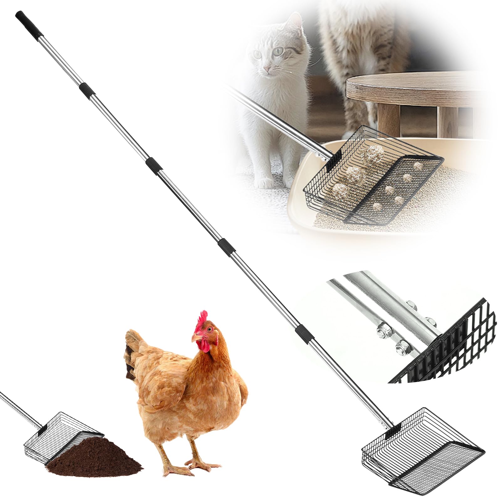 10 Inch Chicken Poop Scooper, Large Metal Chicken Coop Scoop, Chicken Litter Sifting Shovel, Chicken Coop Rake with Retractable Stainless Steel Handle