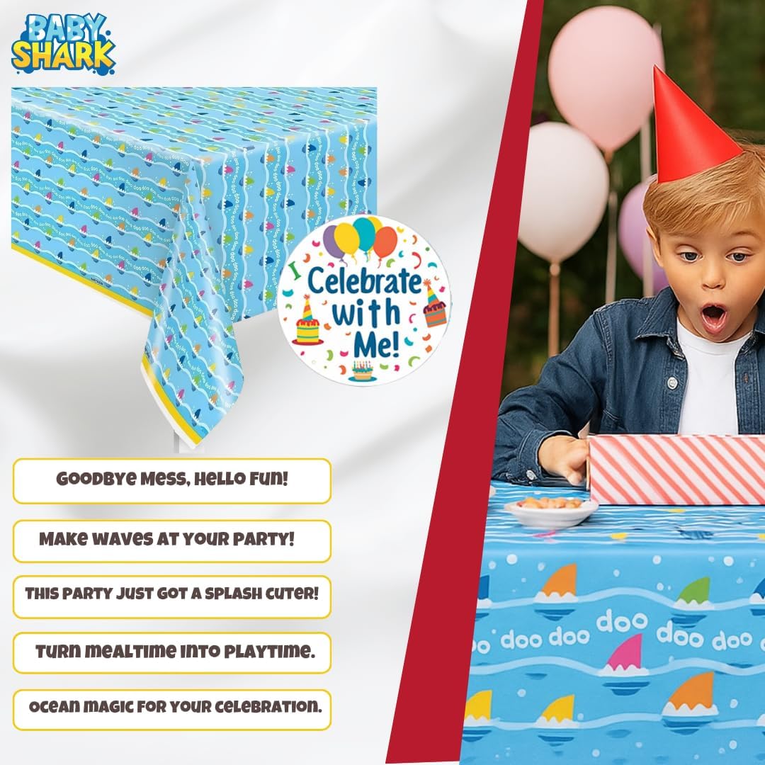 Unique Baby Shark - Party Table Cover Bundle 2 Pack with Sticker | Officially Licensed | 54" x 84" Plastic Tablecloths | Birthday Decorations | Kids Party Supplies & Disposable Tableware
