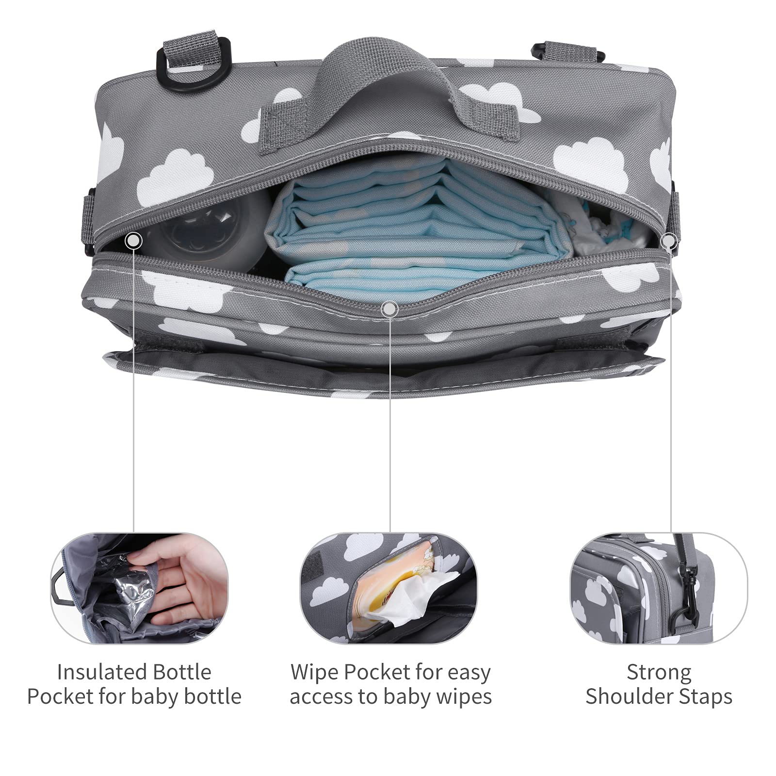 Rutschfester Kinderwagen-Organizer für Windeln mit isolierter Tasche, Kinderwagenhaken und verstellbarem Gurt, universell passend für alle Kinderwagen, Grau