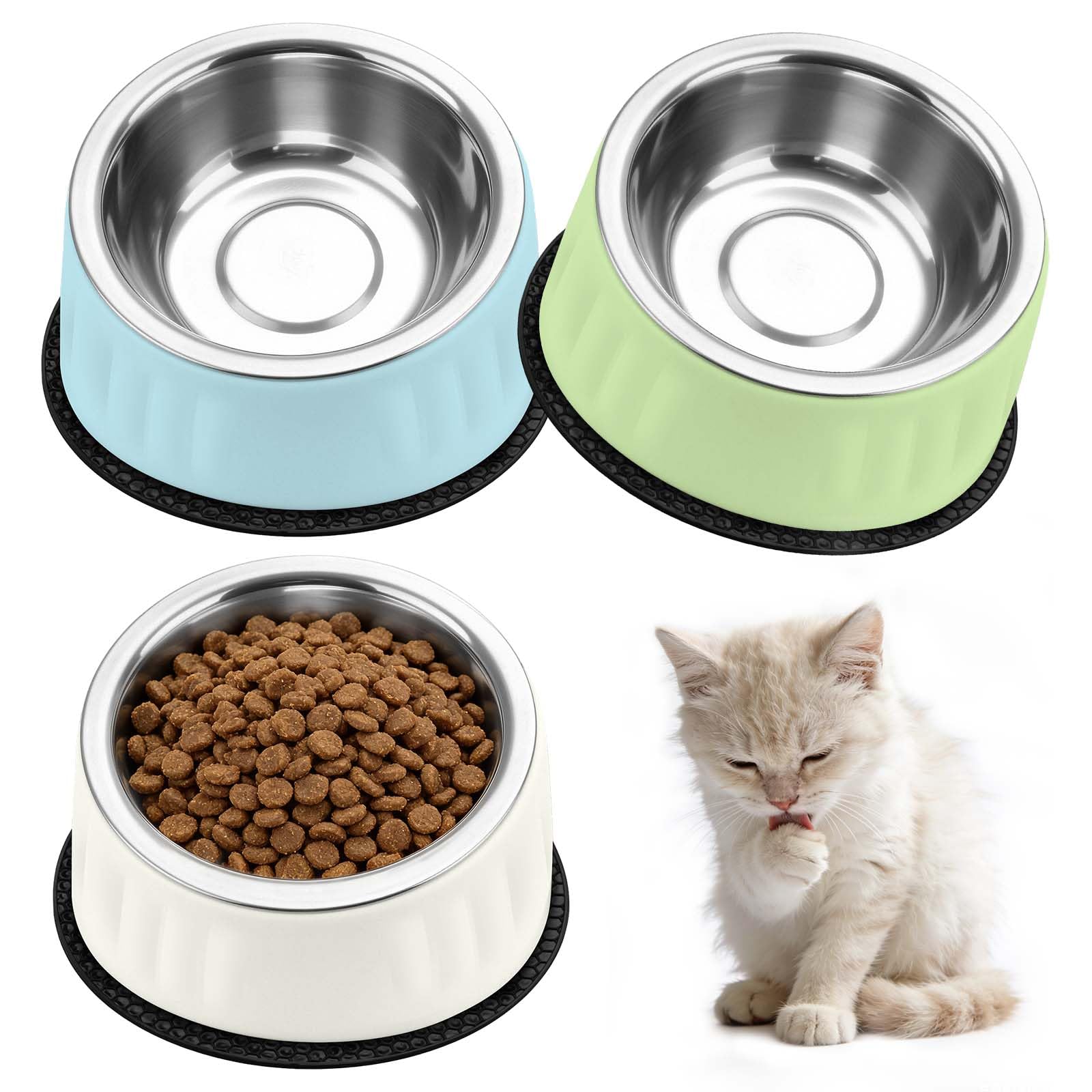 3 Piece Cat Food Bowls,Raised Cat Bowls with Anti-slip mat,15° Tilted Anti-Vomiting Cats Feeding Bowl,Removable Stainless Steel Cat Bowl, for Cats and Small Dogs