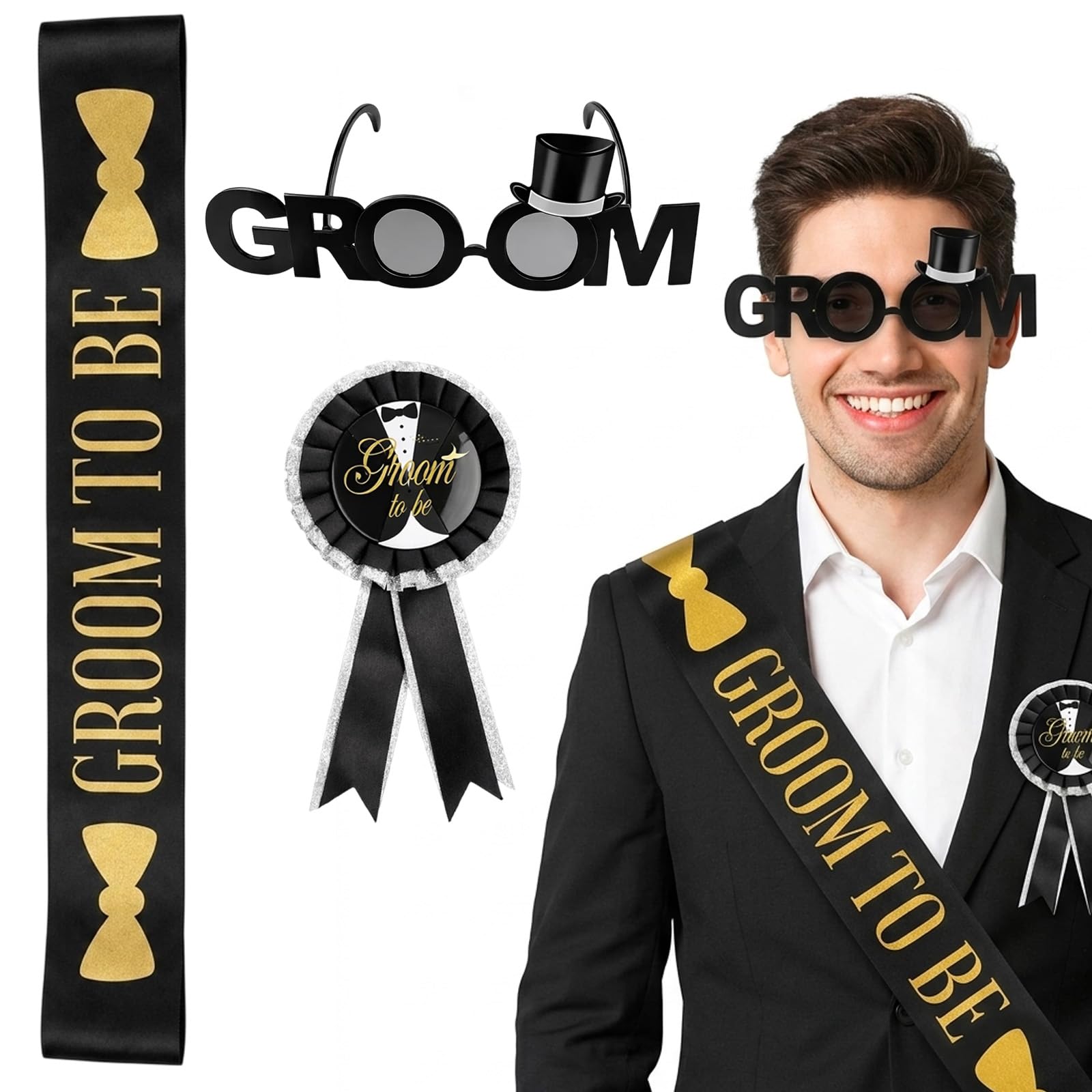 5Piece Groom To Be Stag Do Accessories Men, Bachelor Party Essentials For Bachelor Celebrations, Wedding Photo Props And Pre-Wedding Events, Stag Do Set Accessories Have Groom Glasses And Team Badges