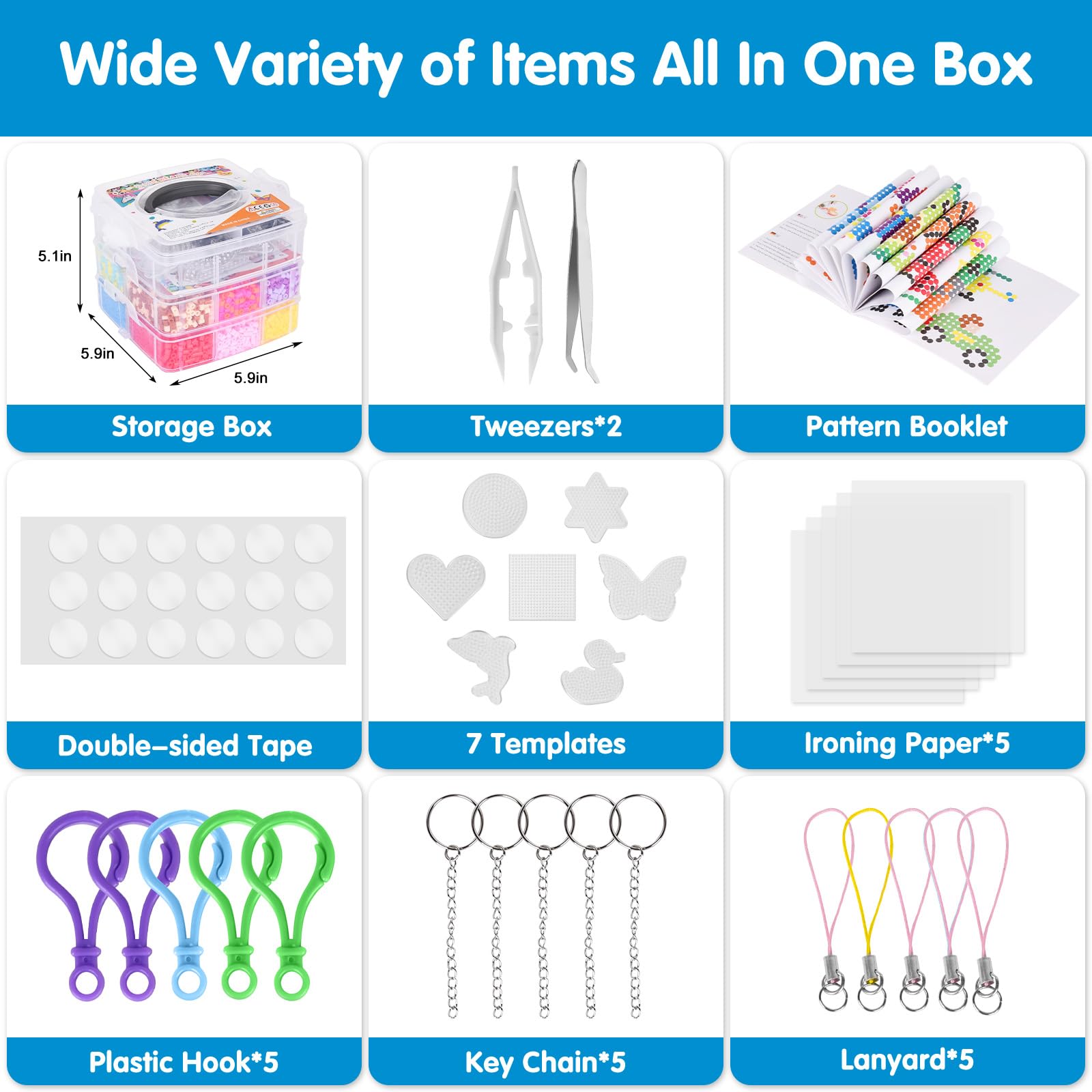 LULUETPUE Bügelperlen Set, Steckperlen mit Aufbewahrungsbox, Platten, Benutzerführung, Kinder DIY Perlen für Schmuck Deko, Verzierungen und 3d Geschenk Bastelideen ab 3 jahre(5mm,20 Farbe)