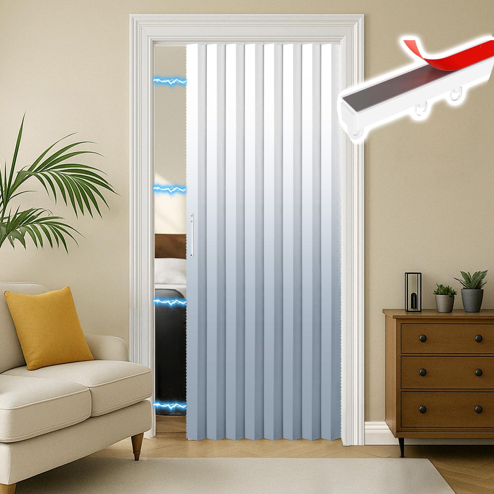 RINHARTEX Blackout Accordion Style Magnetic Door Curtain Sets Included Tracks for Closet Pleated Folding Doorway Curtain Accordion Door Interior Room Divider Bedroom Bathroom