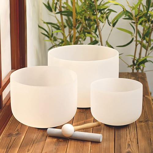 Miniatura 4 de KVKA Juego de 3 cuencos de cristal de cuarzo esmerilado de chakras de 8 a 12 pulgadas con estuche de transporte, 12 pulgadas de C, 10 pulgadas, F 8