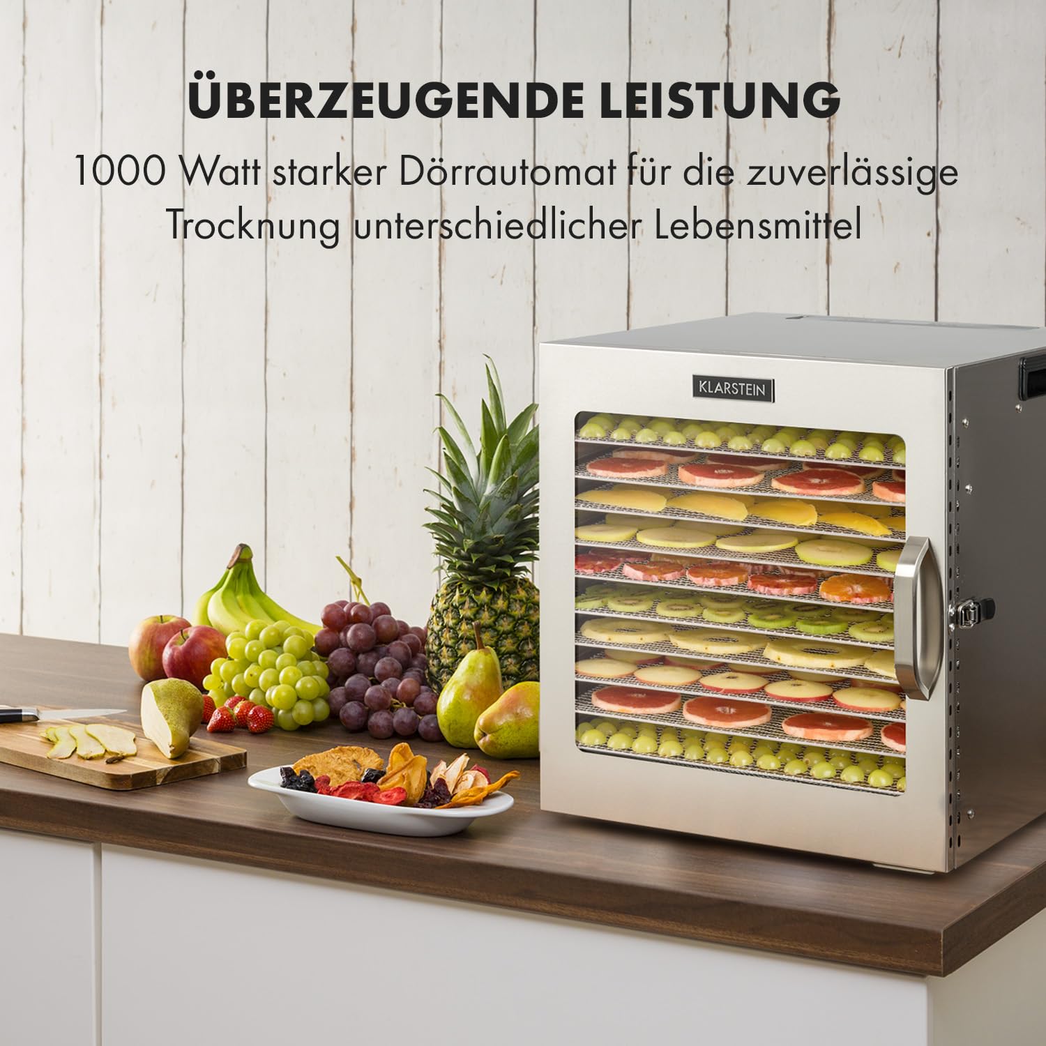 Klarstein Captain Jerky 110 Dörrautomat, 1000 W, Temperatur: 30-90 °C, 24-Stunden-Timer, BPA-frei, Touch-Bedienfeld, 10 Einschübe, Glastür, Edelstahl Dörrgerät für Obst, Gemüse, Auffangblech, silber