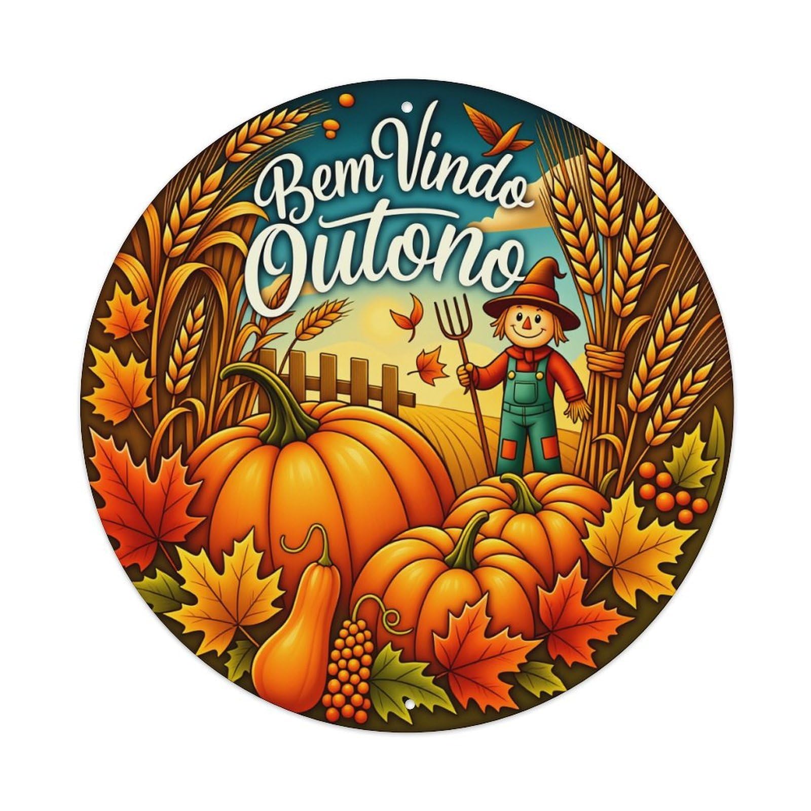 Autumn Harvest Pumpkin Scarecrow Leaves Round Tin Sign Vintage Style Metal Sign Home Bar Garden Wall Plaque Decor Metal Poster 8x8 Inch