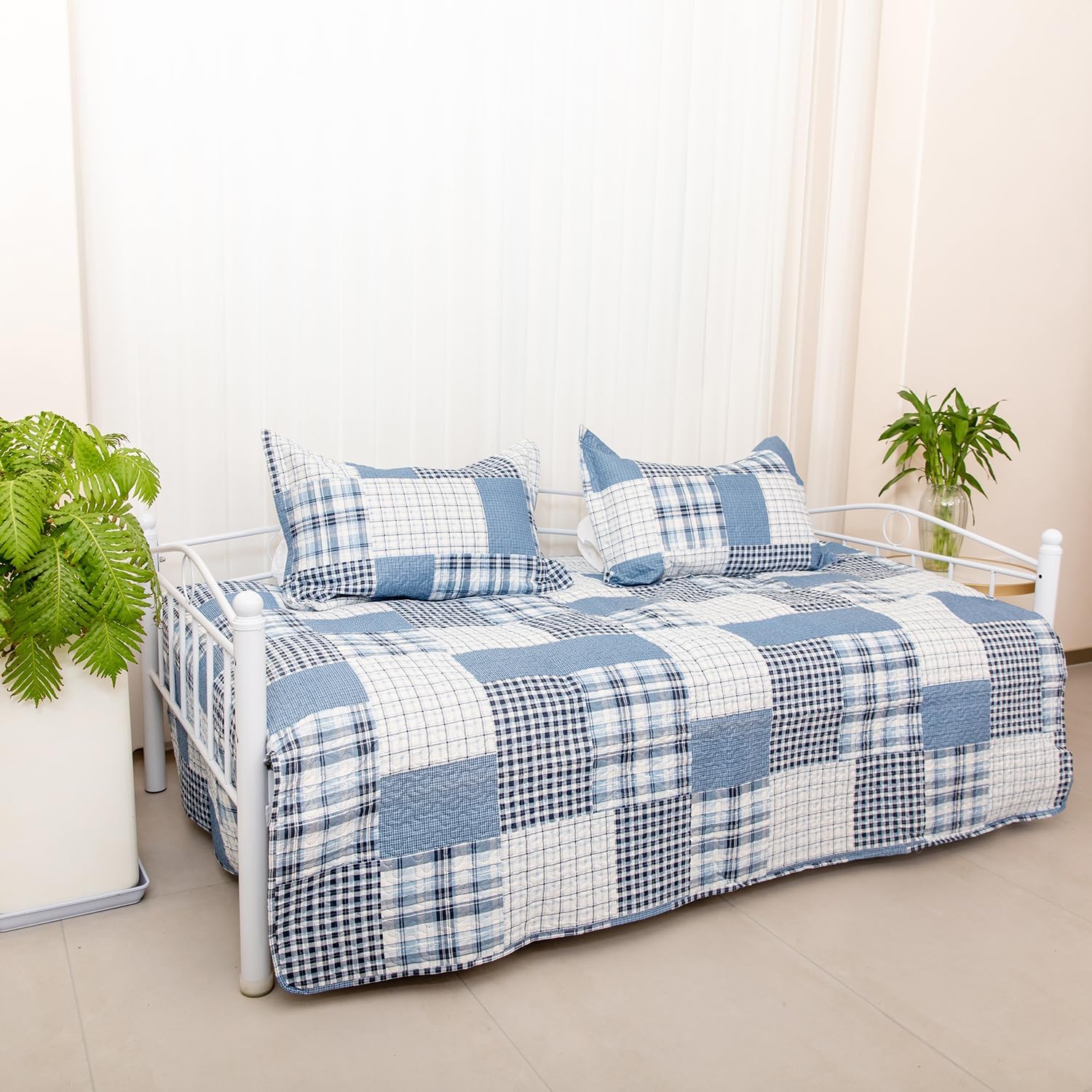 Jarson 3 Piece Plaid Daybed Cover Set Twin Blue Gray White Patchwork Quilted Daybed Bedding Sets Double Side Cozy Sofa Daybed Cover with 2 Shams
