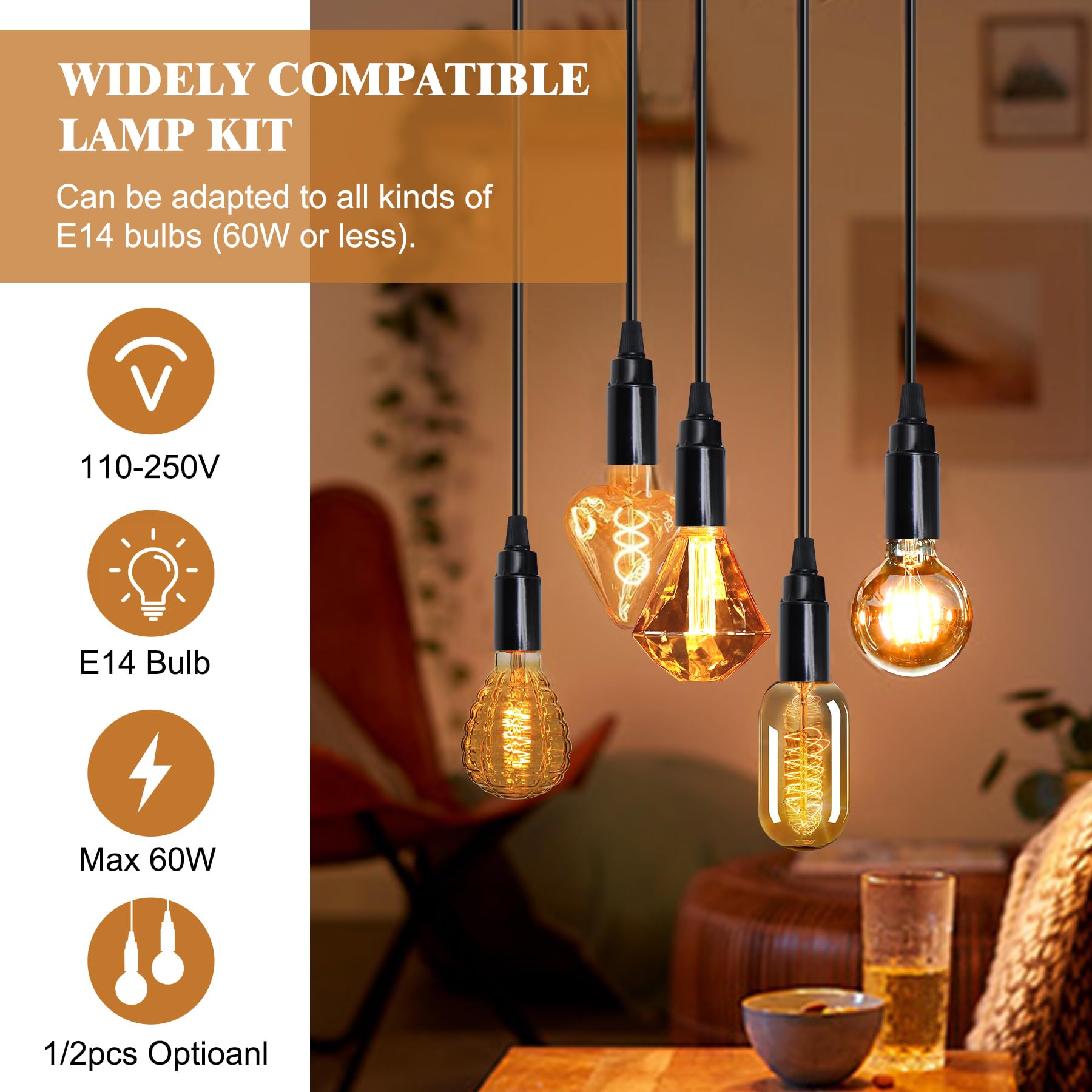 Pendant Light Fitting, 2 Pack E14 Bulb Holder with 4.5 M Lamp Cable with Switch and Plug, Black Plug in Ceiling Light - Image 4